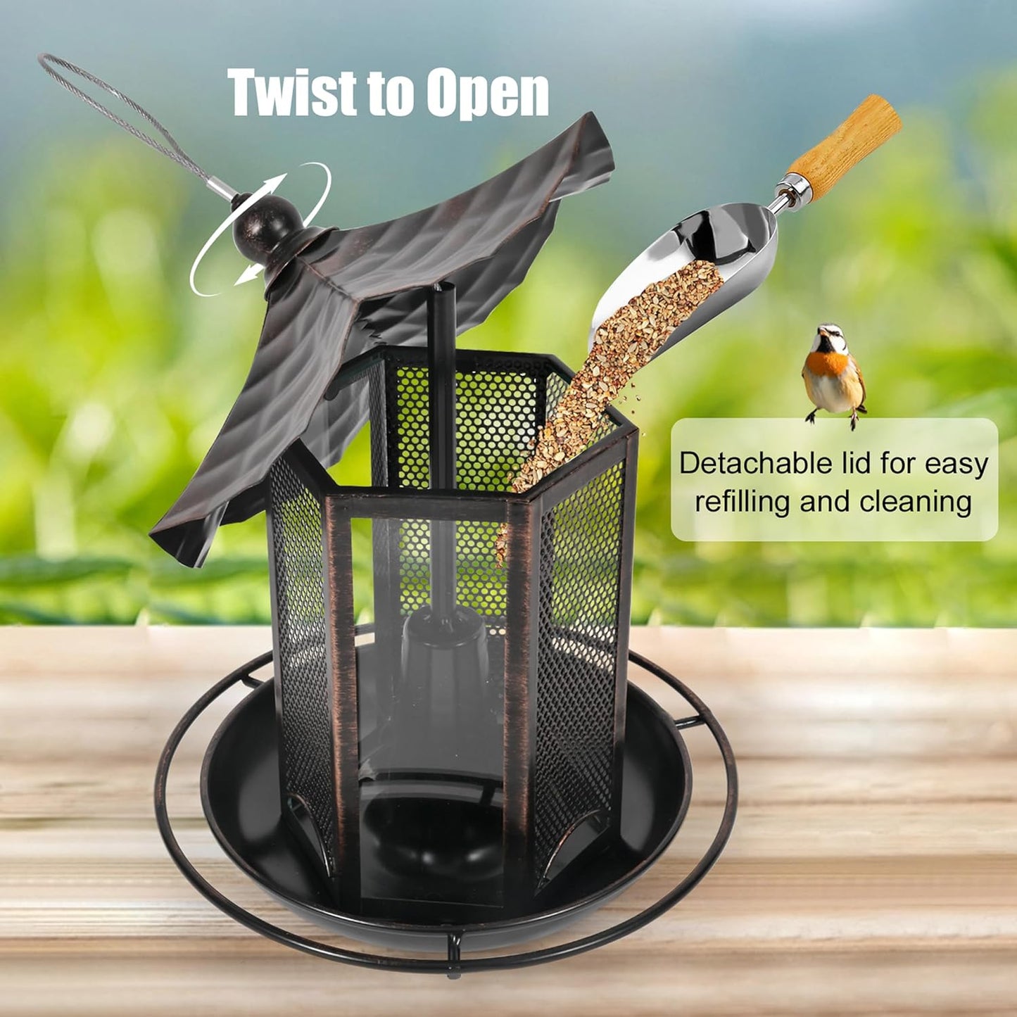 CVHOMEDECO. Bird Feeders for Outdoors Hanging Metal Bird Feeder for Wild Bird, Garden Yard Outside Decor. Hexagon Shaped with Roof, Antique Copper