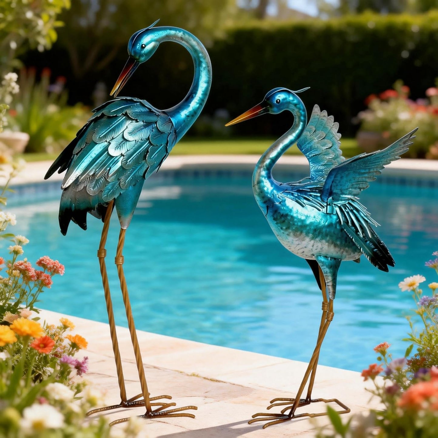 Garden Crane Statues for Outdoor Blue Heron Metal Birds Yard Art Ornaments for Backyard Pond Patio Porch Outside Decorations
