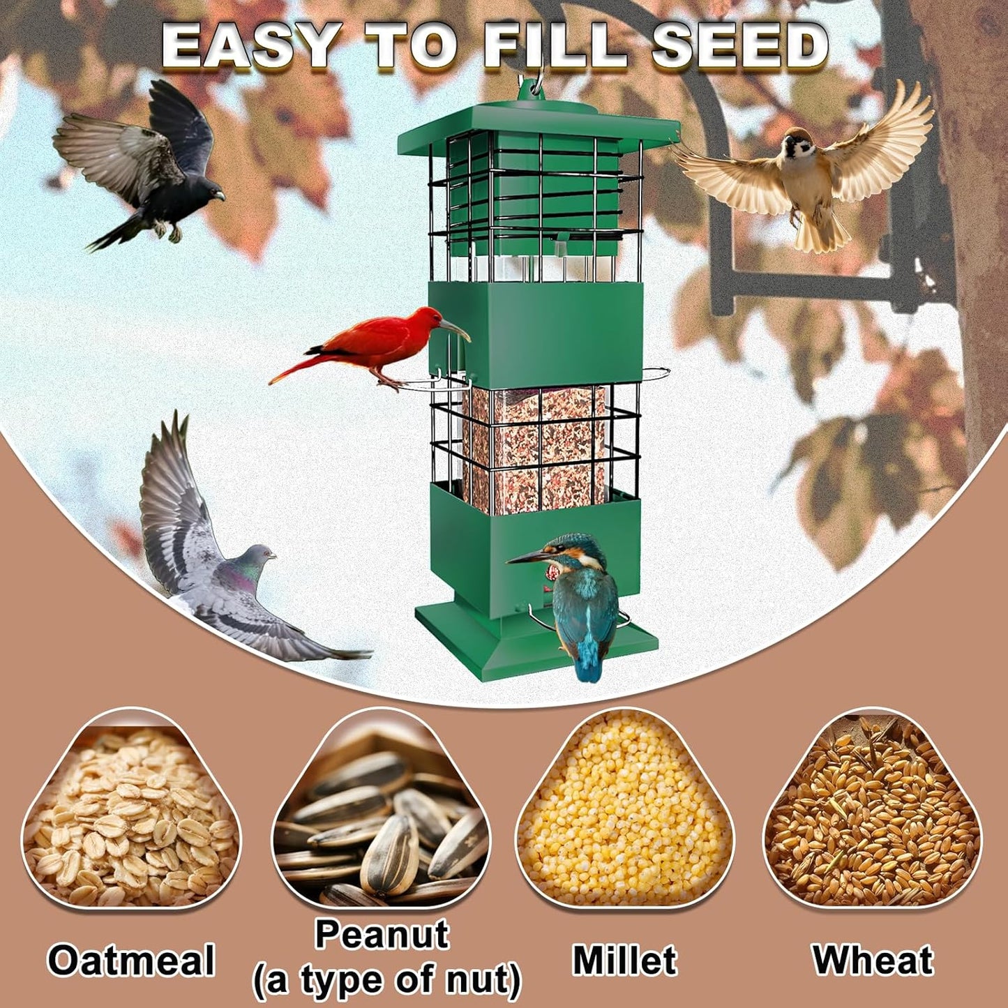 3 LBS Large Metal Squirrel Proof Bird Feeders for Outdoors Hanging, Birdfeeders Outside, Weight Activated Wild Bird Feeder with 4 Feeding Ports for Finch Cardinal Bluebird Backyard Garden