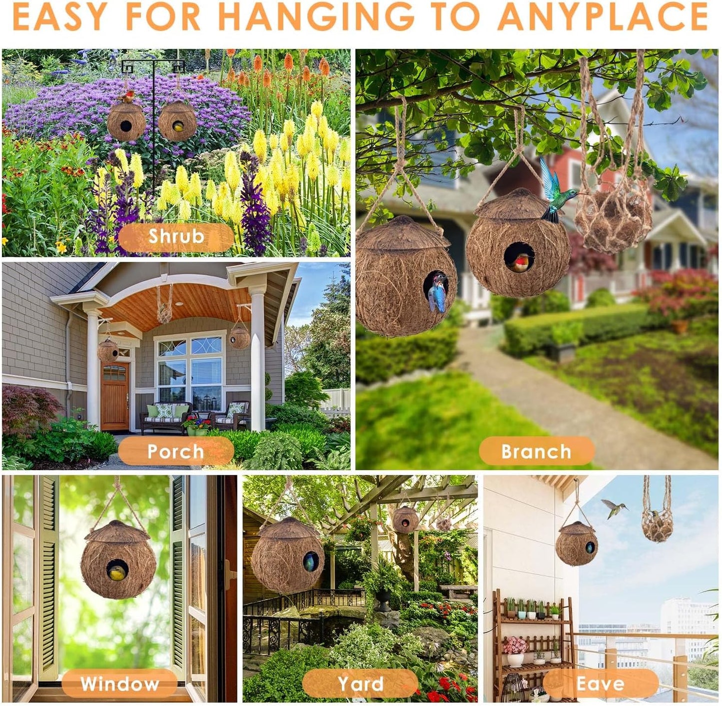 KATUMO Hummingbird Houses, Natural Coconut Bird Houses for Outside Hanging Hummingbird Swinging Nest, with Coconut Fiber Bedding for Nesting Window Garden Outdoor Home, 3Pcs