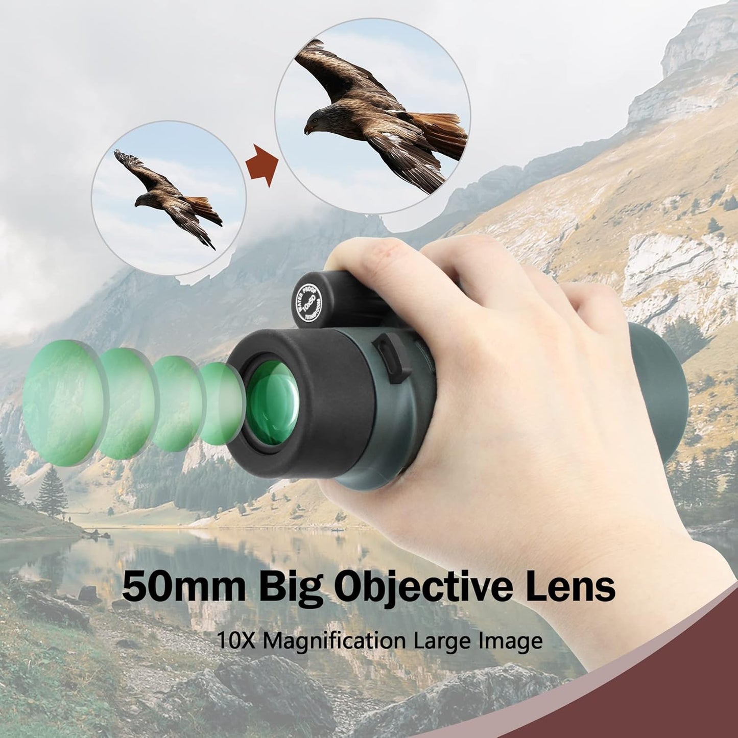 Astromania 10X50 BAK4 High Power Prism Monoculars, Waterproof, Compact Handheld Monoscope for Bird Watching, Sporting Events, Traveling Gifts for Men