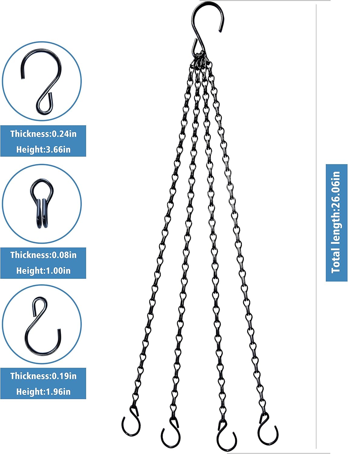 26Inch 90lbs Heavy Duty Metal Hooks Hanging Chains Hangers for Garden,Balcony,Yard,Kitchen,for Hanging Heavy Plant Pot, Bird Feeder, Lantern, Billboard. Carbon Steel, 2Extra Scissors
