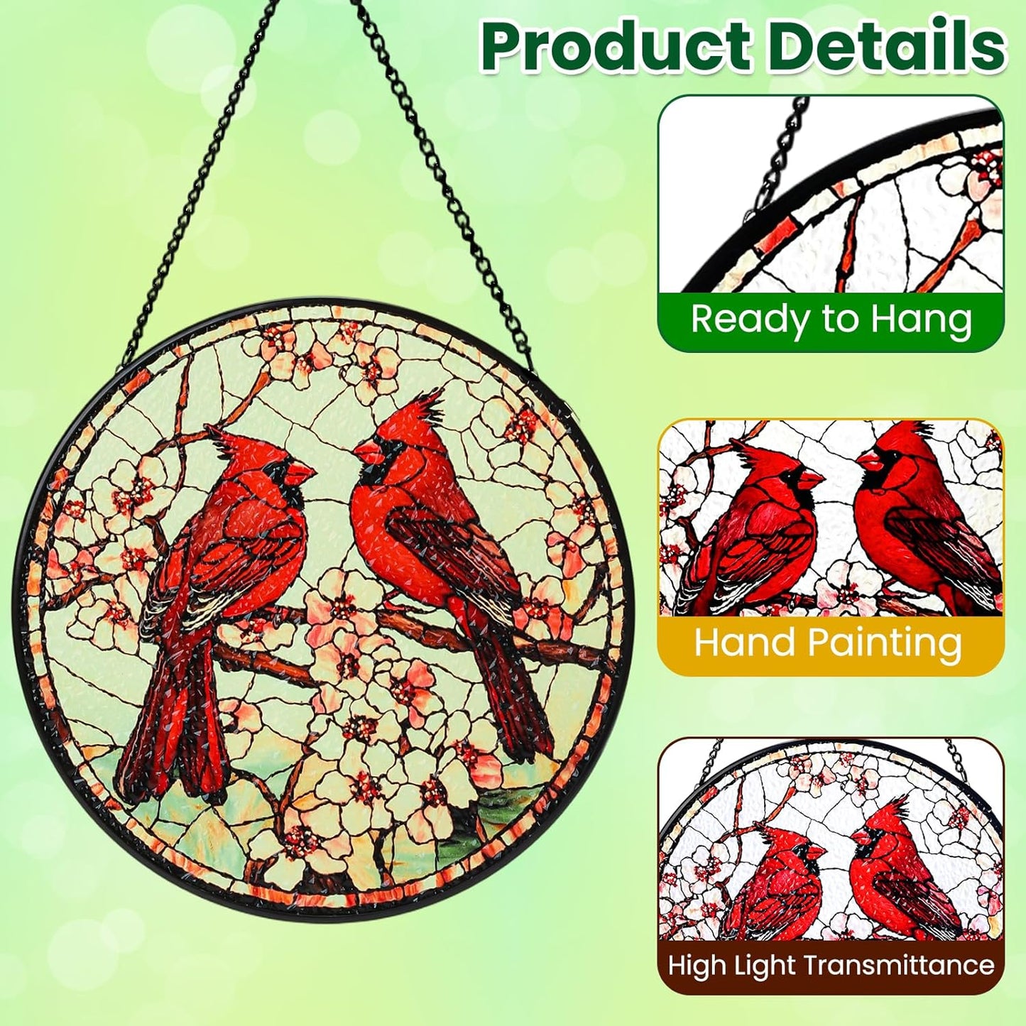 Cardinal Stained Glass Window Hanging Sun Catcher Glass Panel with Metal Chain and Hook Suncatcher Indoor Window Decor Home Garden Decoration Gift for Bird Lovers Women Mother's Day Christmas