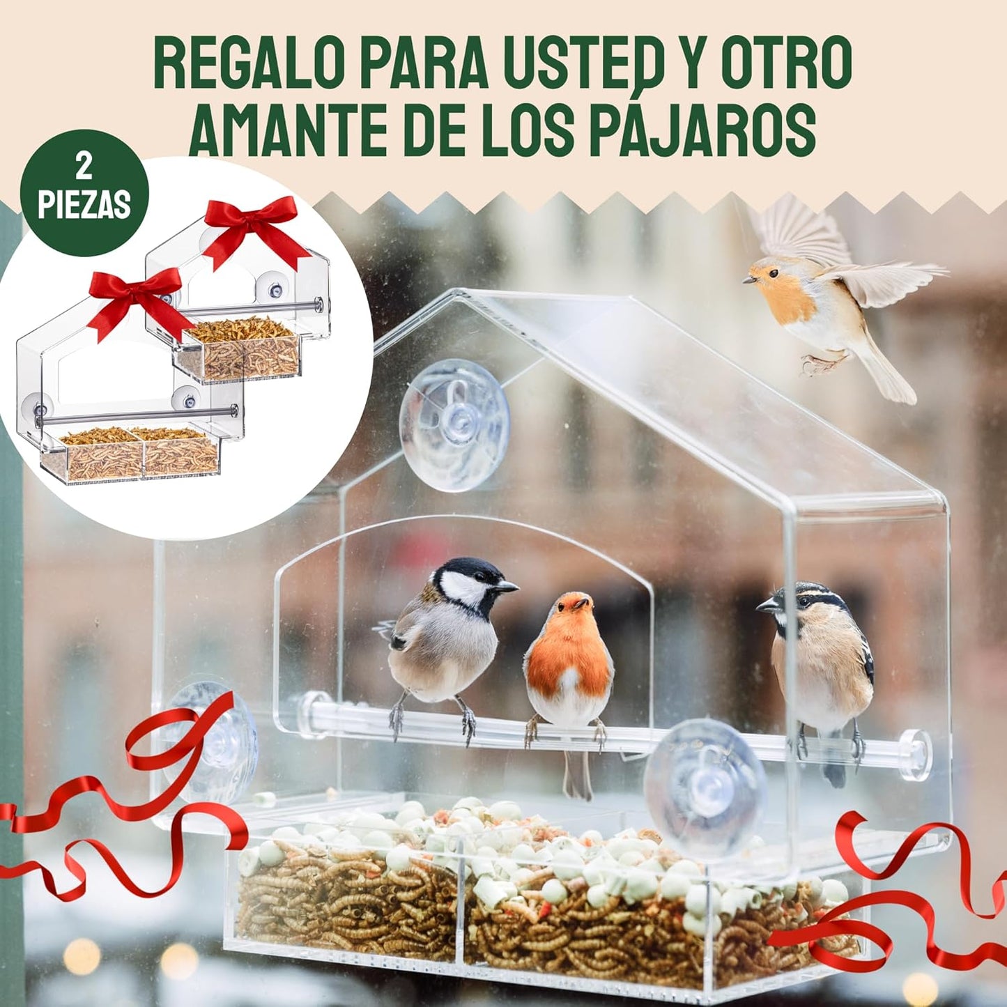 Hatortempt Window Bird Feeder - Set of 2, Clear Plastic - Squirrel-Proof Design with Strong Suction Cups - Wild Bird Feeders for Outdoors & Backyard Birding & Wildlife Viewing