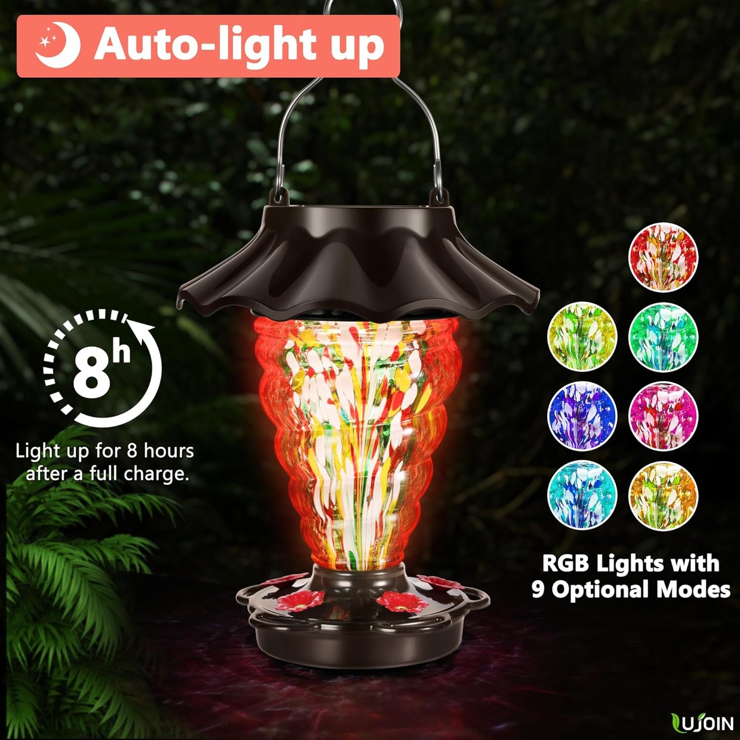 Solar Hummingbird Feeder for Outdoors Hanging, Lighted Hand Blown Glass with 9 Modes RGB Lights, 28 fl.oz, Leak Proof & Rustproof, Metal Cover with 5 Feeding Ports, Spiral Shaped, Red