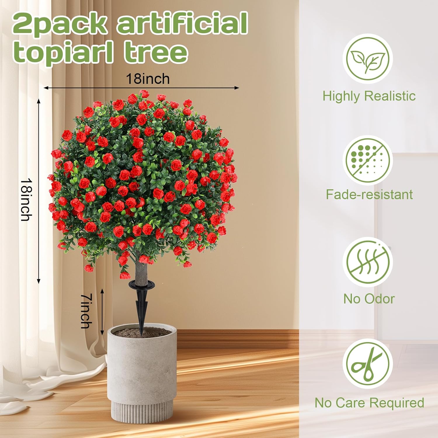 Artificial Red Rose Topiary Ball Tree 25" with Ground Spike, Set of 2 