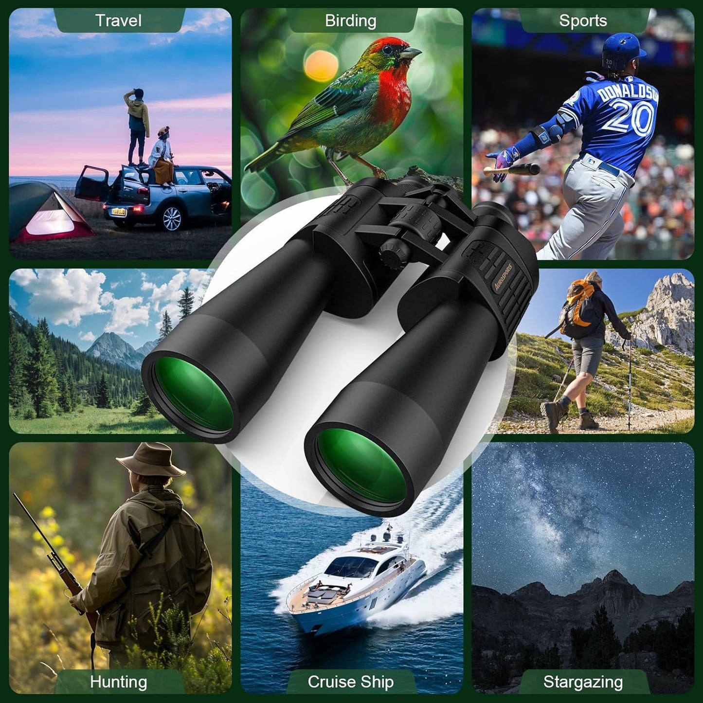 Aurosports 20x70 Binoculars for Adults High Powered, BAK4 Prism & FMC Lens for HD Viewing, Bright 70mm Large Objective Lens for Bird Watching Backyard, Stargazing, Hunting, Travel and Hiking