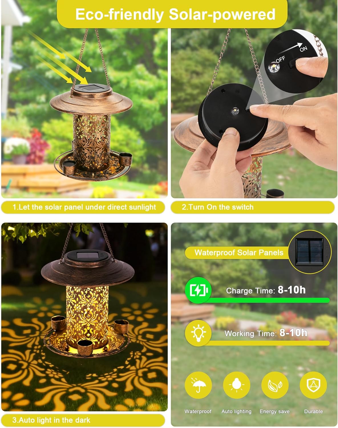 Solar Bird Feeders for Outdoors, Metal Hanging Bird Feeder with 3 Wate