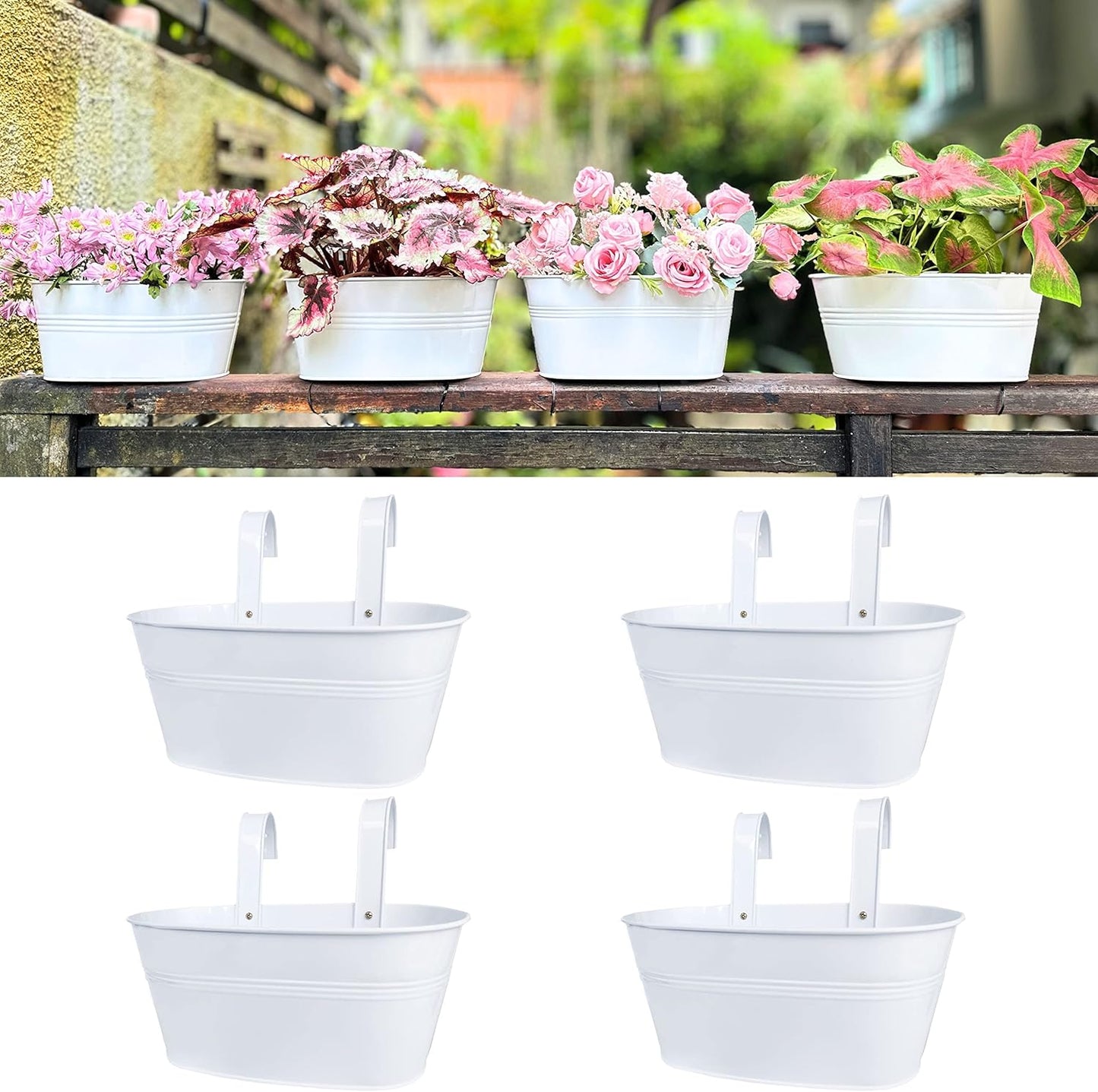 LaLaGreen Outdoor Rail Planter (4 Pack, 11.8 Inch) Metal Iron Hanging Flower Pots Deck Railings Fence Buckets Modern Countryside Boho Style White Wall Mount Window Box Plant Holder Hooks Porch Decor