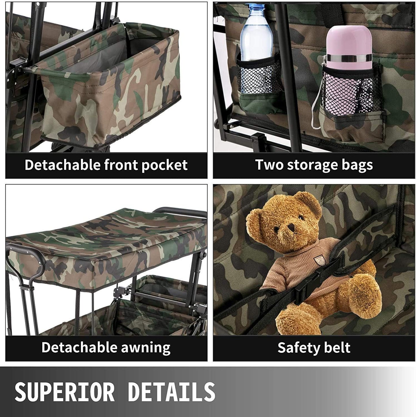 Collapsible Wagon Cart, w/Removable Canopy 600D Oxford Cloth, for Beach, Garden, Camouflage