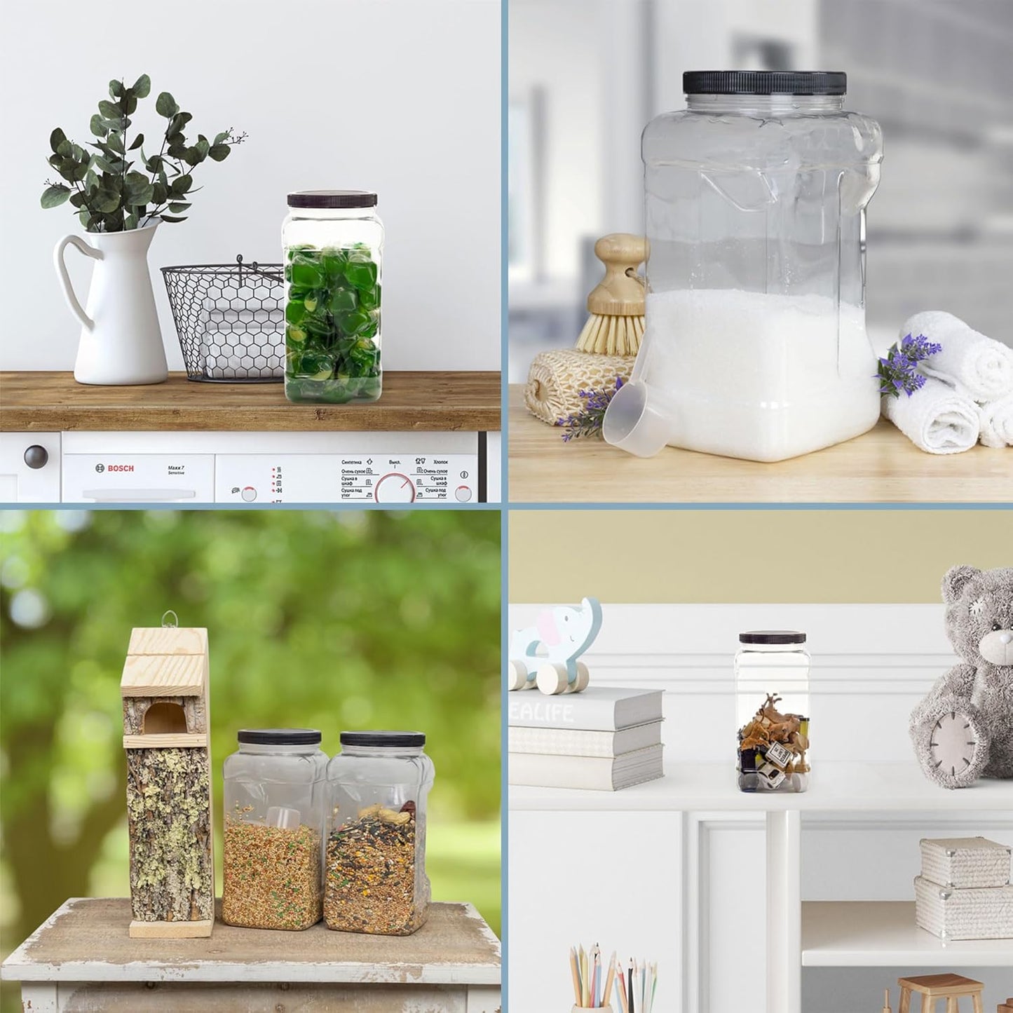 Cornucopia Brands Square Gallon Size Clear Plastic Canisters (2-Pack); 4-Quart Jar Grip Containers w/ Plastic Scoops; BPA-Free