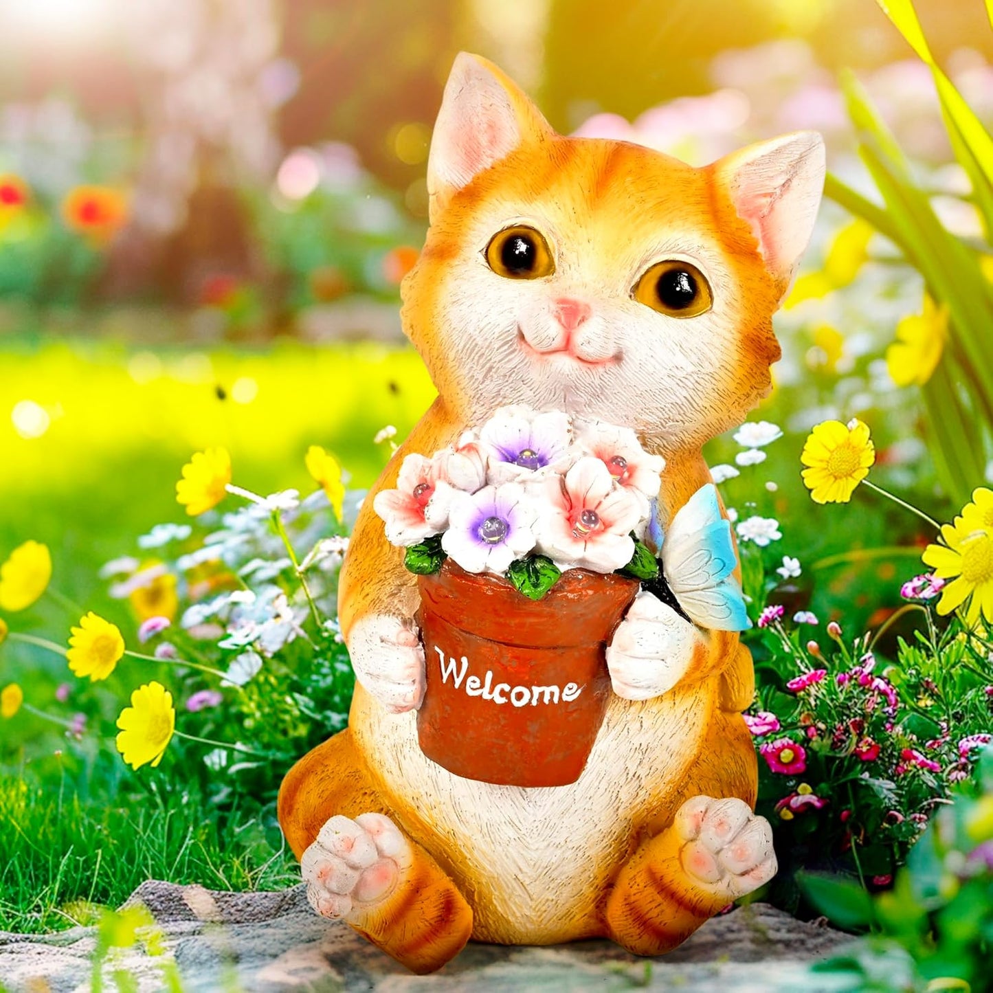 GIGALUMI Solar Garden Decor Flower Pot Cat Statues Outdoor, Birthday G