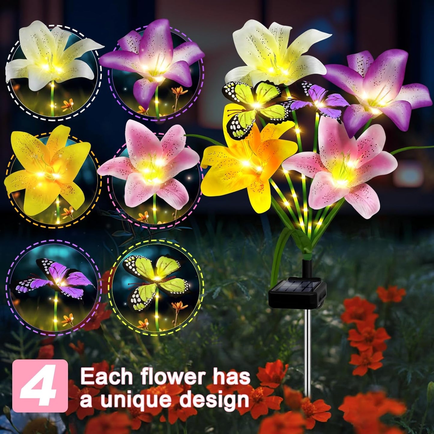 Solar Garden Lights Outdoor, 4 Pack Flower Lights for Outside, 16 Sola