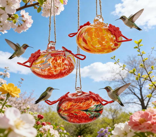 Set of 3 Blown Glass Hummingbird Feeder for Outdoors Hanging Ant and Bee Proof Hummingbirds Feeders Handmade Garden Decor Gift for Women