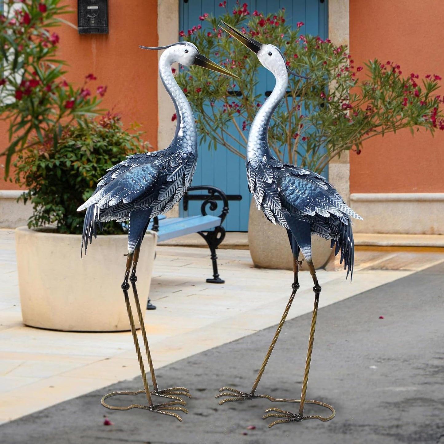 33-35 Inch Blue Heron Garden Statues, Metal Cranes Sculptures Outdoor, Bird Statues Set of 2