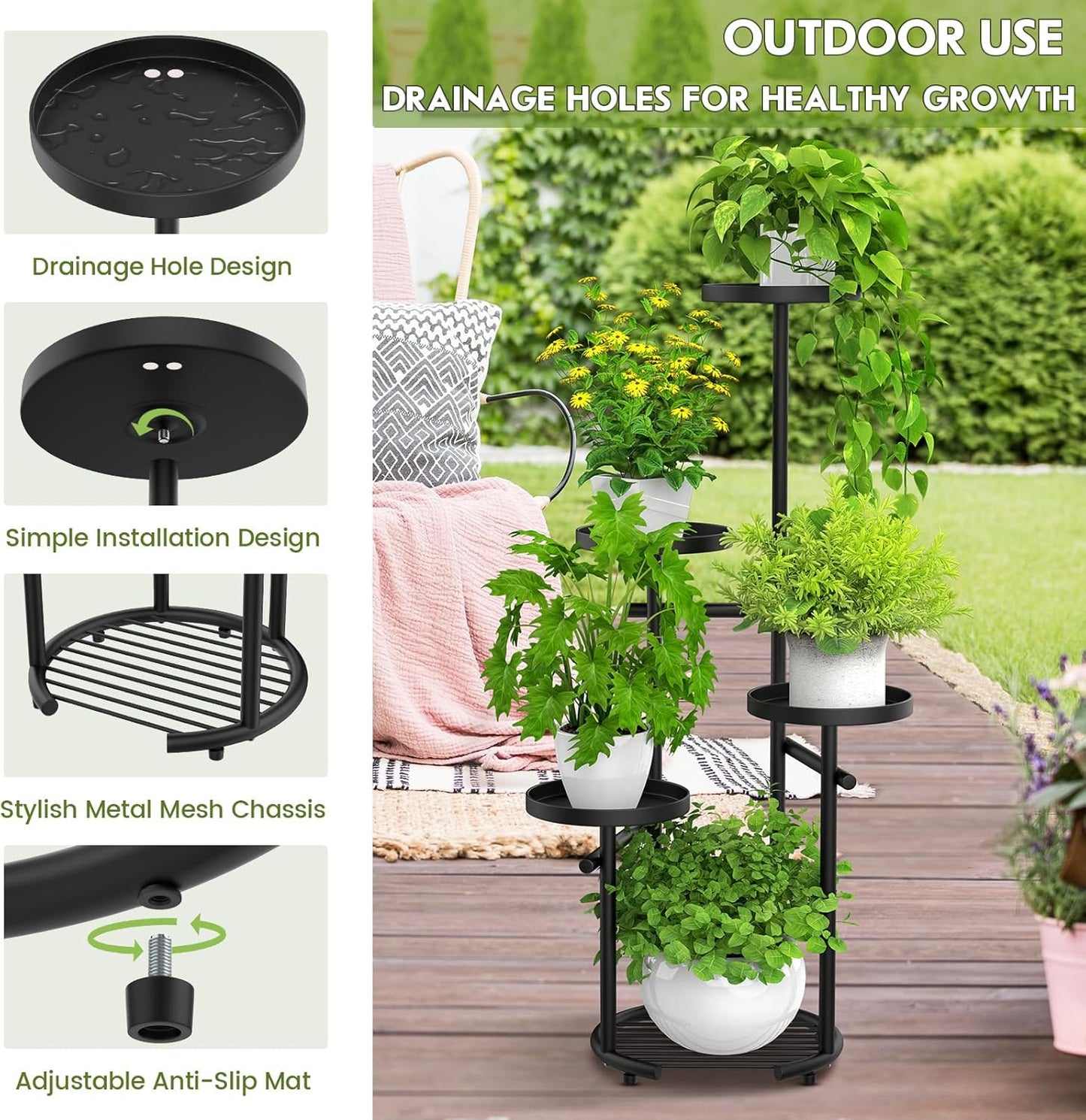 TOSKING 5-Tier Tall Plant Stand Indoor & Outdoor, Anti-Tip Round Base 