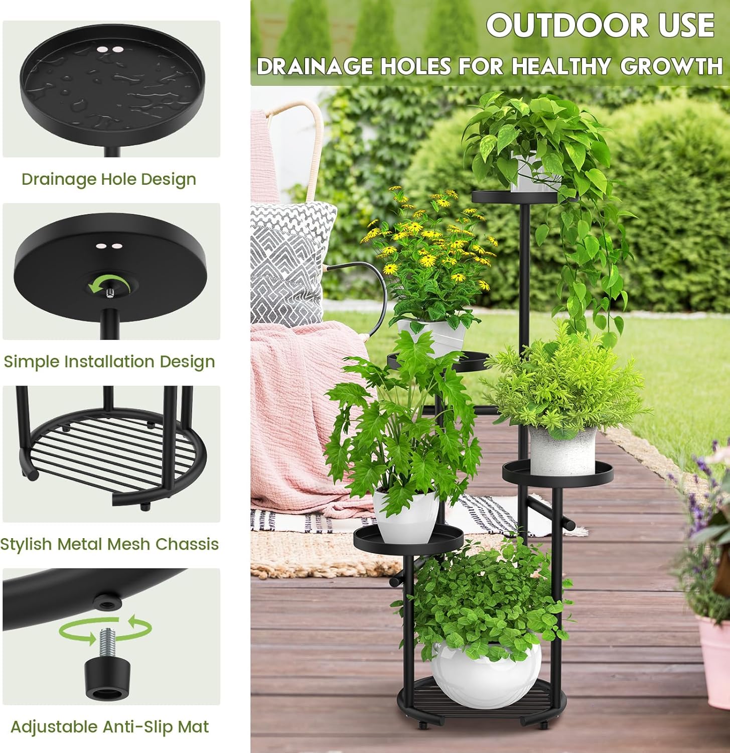 TOSKING 5-Tier Tall Plant Stand Indoor & Outdoor, Anti-Tip Round Base 