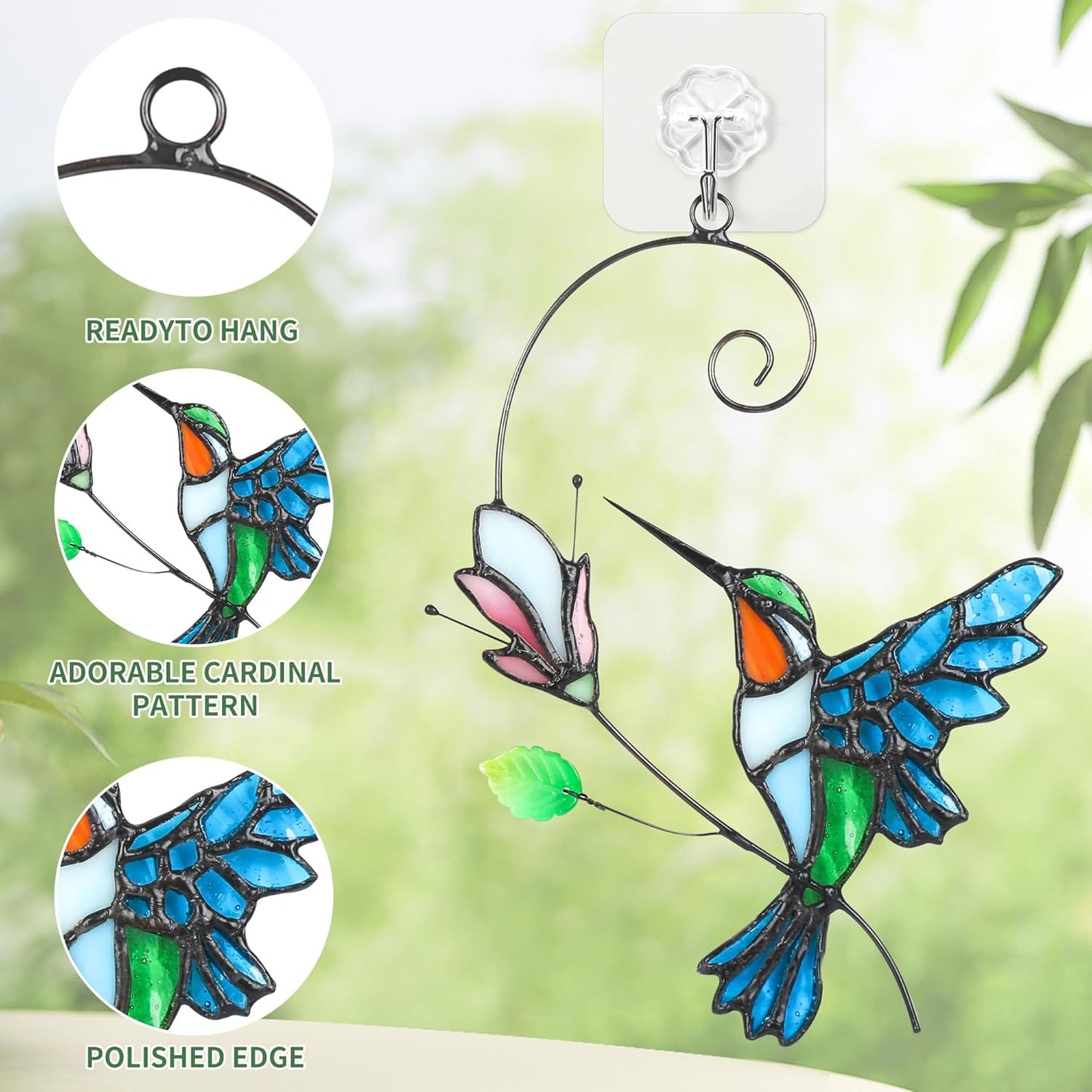 Hummingbird with Flower Stained Glass Birds Suncatcher Window Hangings Bird Suncatcher for Window Home Decor Handmade Hummingbird Gifts for Bird Lovers