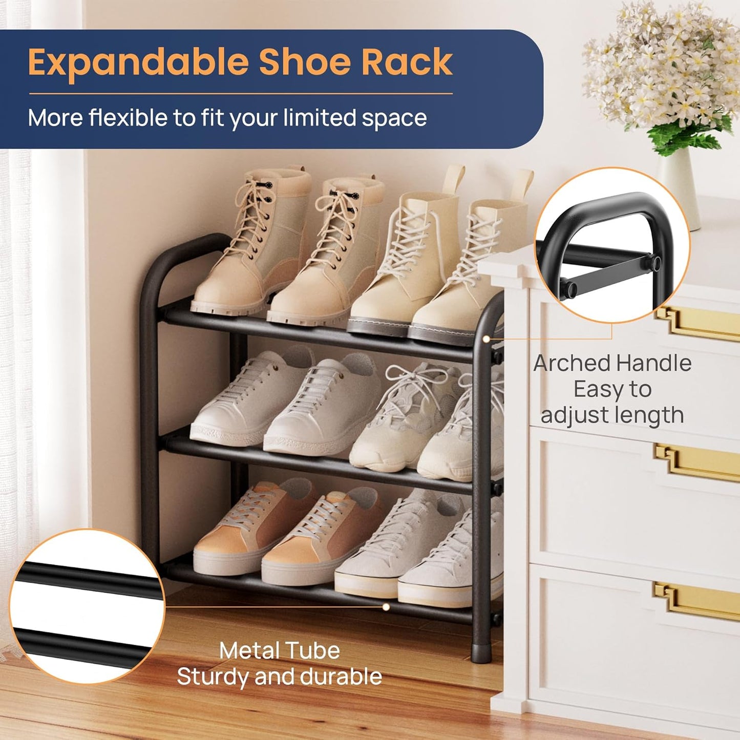 ENJOYBASICS Expandable Shoe Rack, 3 Tier Adjustable Shoe Organizer Shelf for Closet, Black Metal Free Standing Shoe Rack Storage for Small Space, Entryway | Adjustable, for Closet, Shoe Rack Storage, for Small Space, Entryway