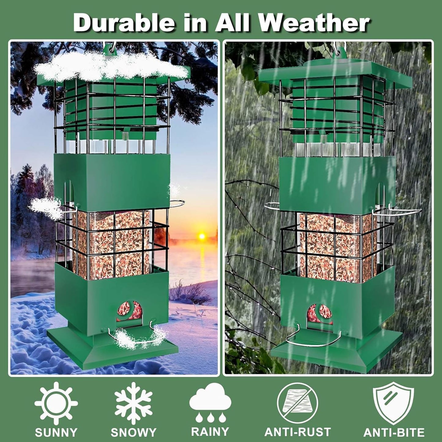 Bird Feeder Squirrel Proof, 3Lbs Metal Heavy Duty Birds Feeder with 4 Feeding Ports for Outdoors Hanging, Birdseed Feeder for Cardinal, Finch, Sparrow, Wild Birds, Outside (Green)