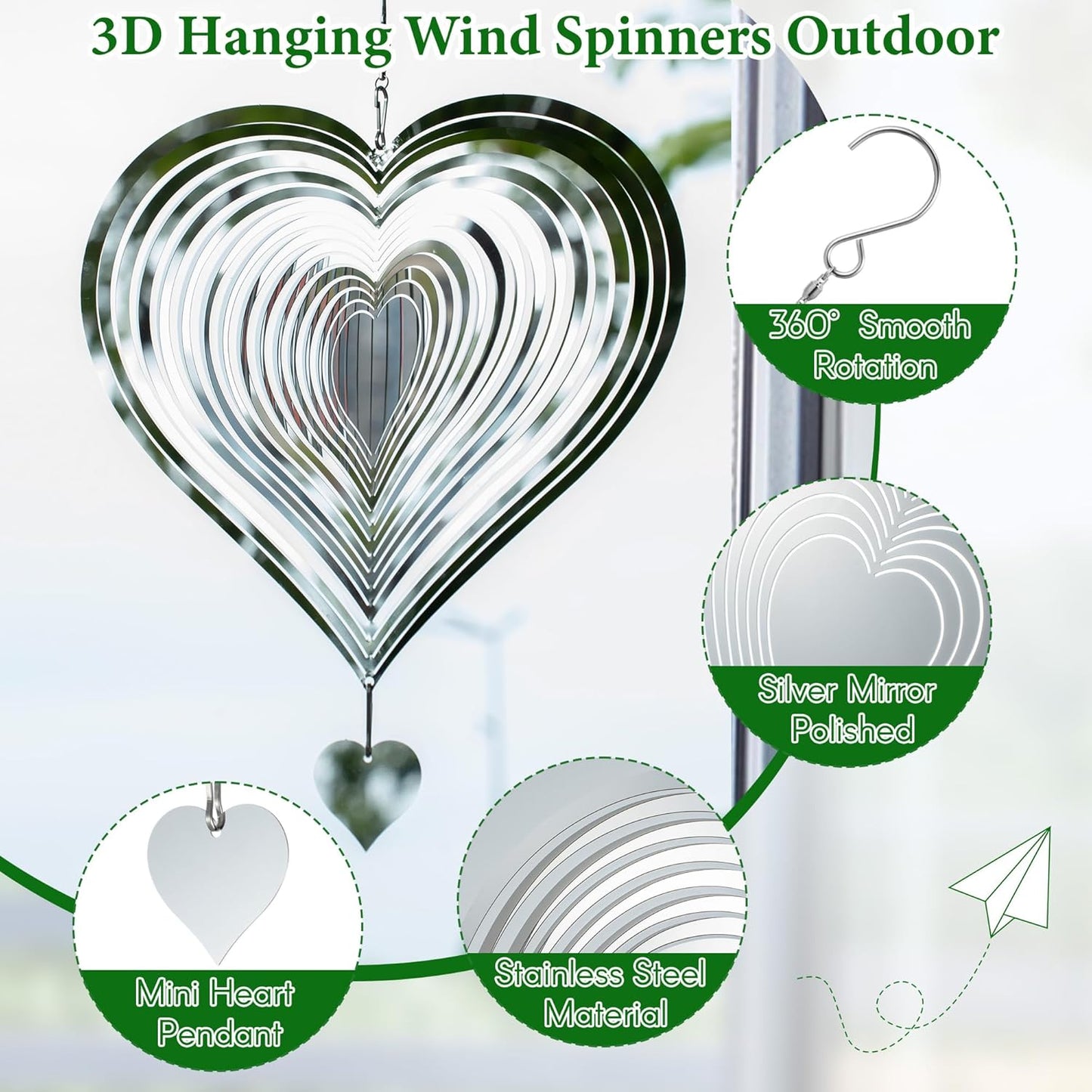 3 Pcs Heart Wind Spinner, 8 In Bird Deterrents for Outside, 3D Metal Wind Spinners for Deterrent to Scare Birds Away from Yard Patio Farm,Stainless Steel Reflective Winds Spinners Outdoor Garden Decor