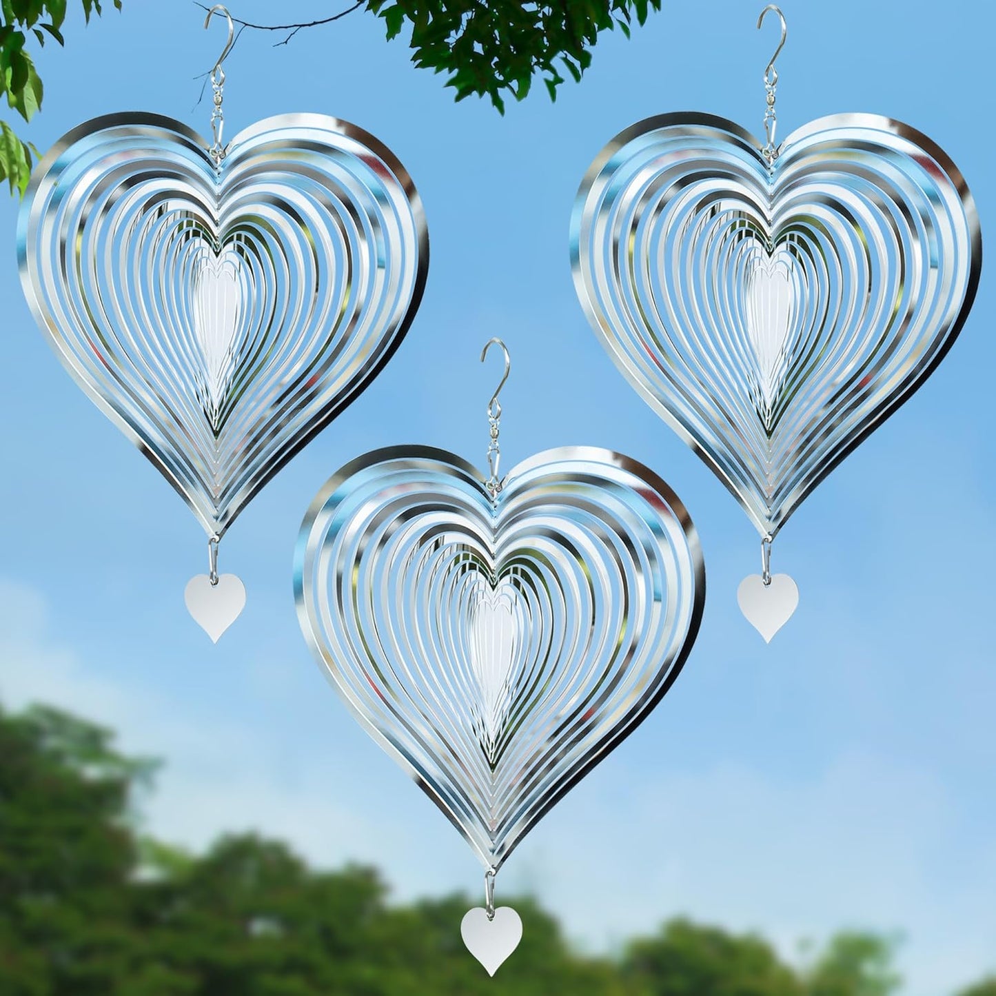 3 Pcs Heart Wind Spinner, 8 In Bird Deterrents for Outside, 3D Metal Wind Spinners for Deterrent to Scare Birds Away from Yard Patio Farm,Stainless Steel Reflective Winds Spinners Outdoor Garden Decor