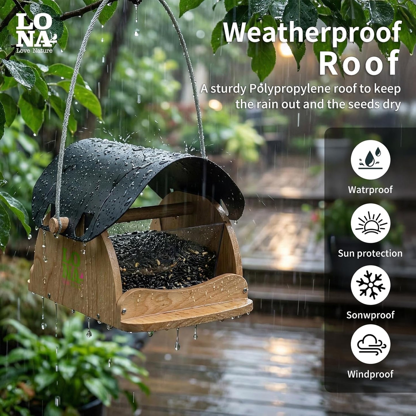 LONA Wooden Bird Feeder for Outdoors Hanging, Large Capacity Hopper with Weatherproof Roof Birdfeeder for Feeding Outside Garden Wild Birds Cardinals Finches Robin Sparrow Blue Jay Chickadees