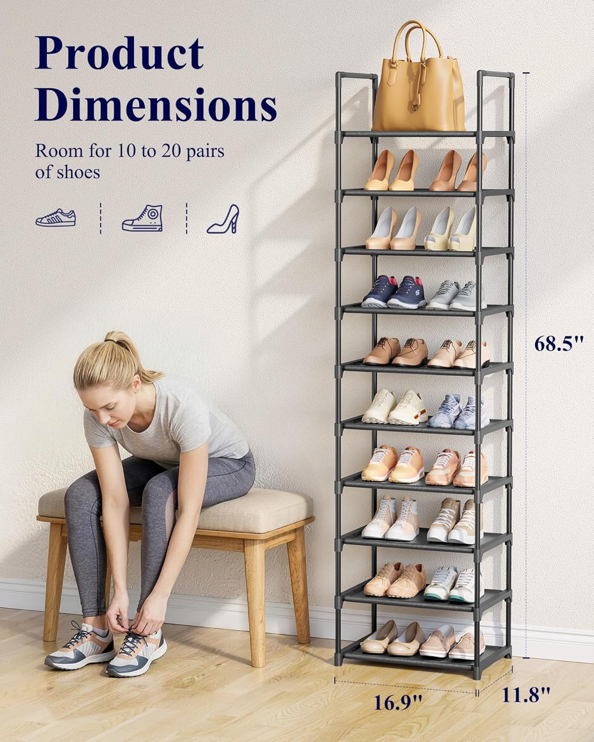 Kitsure Shoe Rack - 10-Tier Shoe Organizer with Detachable Fabric Shelves & Metal Frame, Tall Shoe Rack for Closet, Entrance, Living Room, 16.9" Wide - 10 Tier, Black