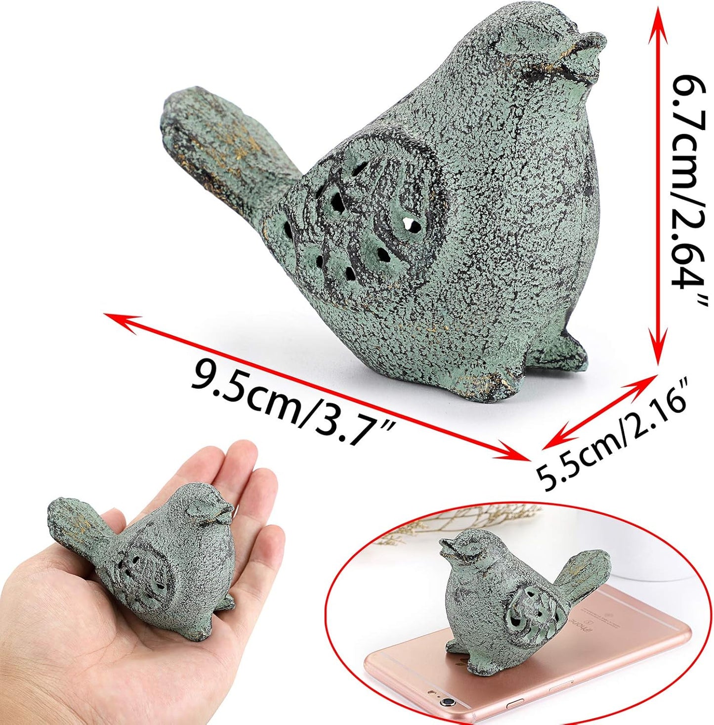OwnMy 2PCS Cast Iron Green Bird Sculptures - Outdoor & Indoor Small Birds Statues, Hollow Carved Bird Figurines Ornaments Decorative Animal Figurines for Garden Patio Home Decors