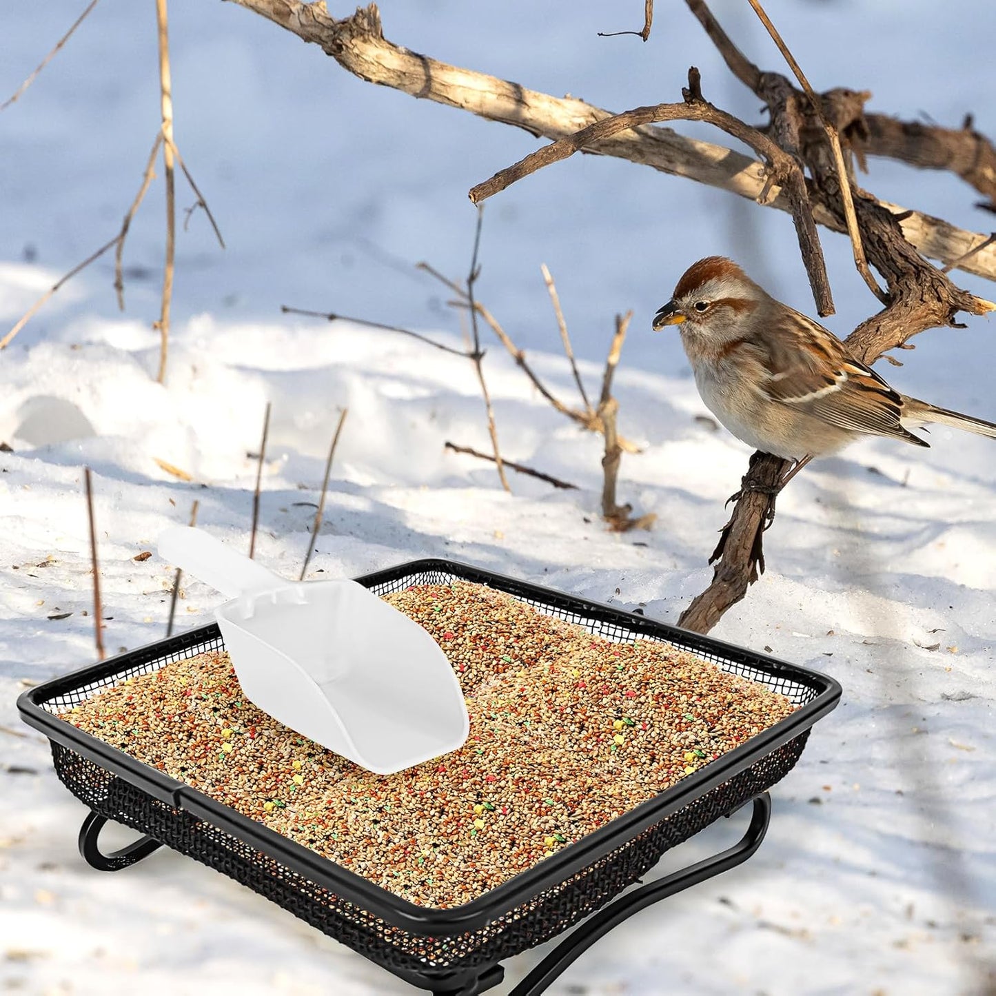 3 Pcs Platform Bird Feeder with Scoop, 6.7 x 6.7 x 2.2 in Ground Bird Feeder Tray Metal Square Squirrel Feeders Rust Resistant Mesh Seed Tray for Outside Wild Birds Dove