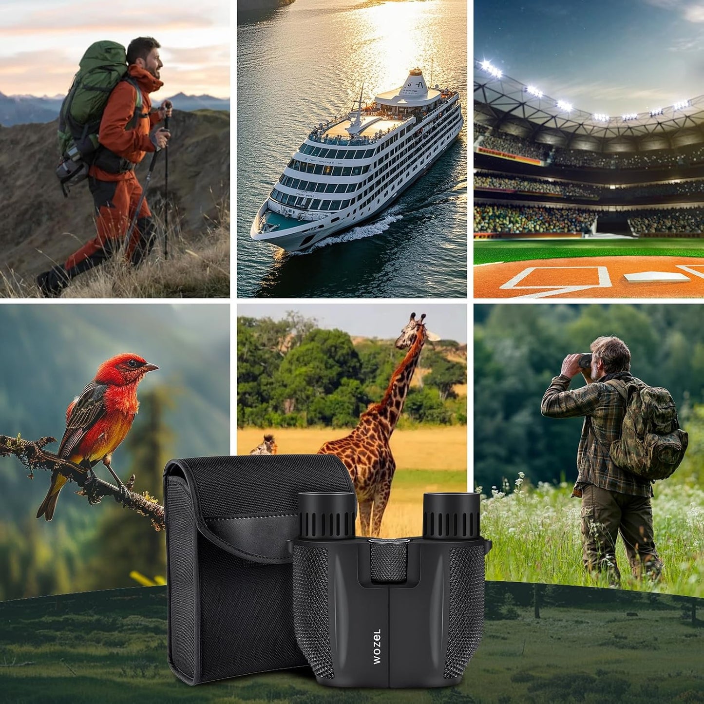 10x25 High Powered Binoculars for Adults - Wozel Compact Binoculars for Kids with Large View - Small Pocket Binoculars for Bird Watching Hunting Stargazing Cruise Ship Travel Hiking