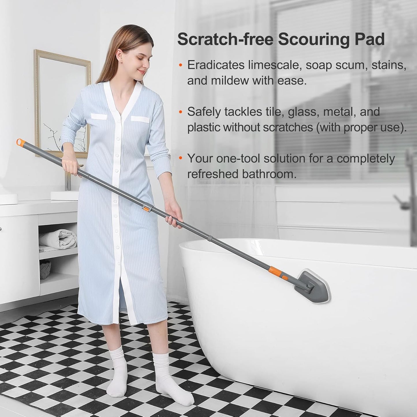 Tile Tub Scrubber Brush with 3 Different Function Cleaning Heads and 56" Extendable Long Handle-No Scratch Shower Scrubber for Cleaning Bathroom Kitchen Toilet Wall,Bathtub,Sink,Grey