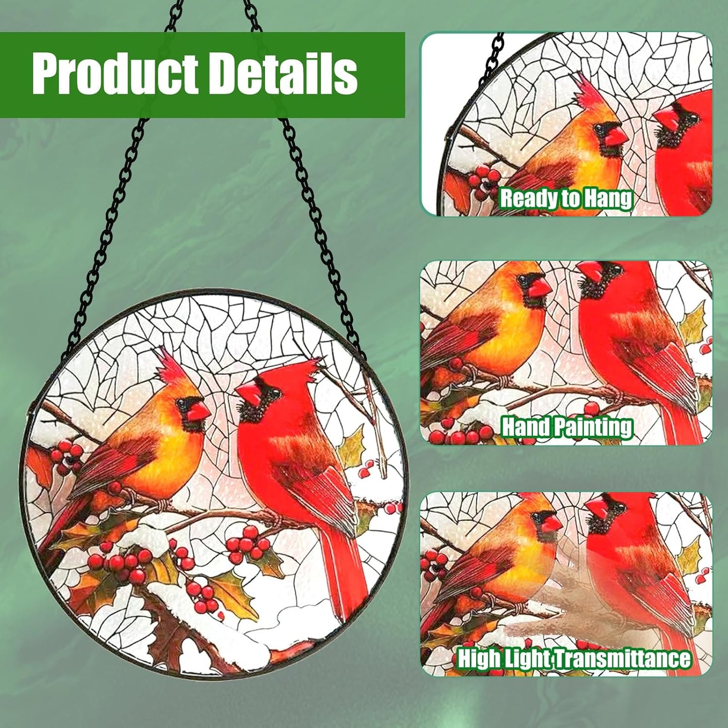 6 Inch Stain Glass Window Hanging, Window Suncatcher with Metal Chain, Cardinal Suncatcher Stained Glass for Bird Lovers Women, Garden, Home, Housewarming Gifts
