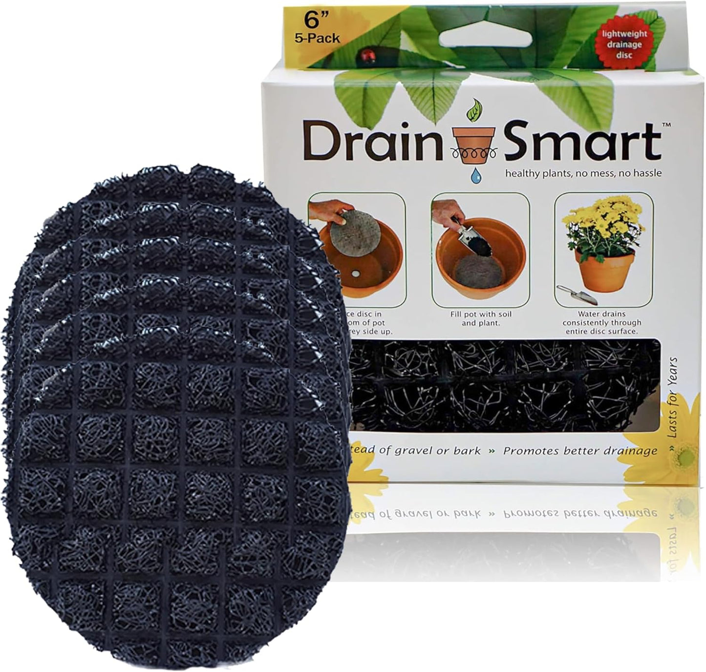 3D Mesh Planter Pot Drainage Insert Disc – Made in USA – Keeps Soil in, Lets Water Drain Out – Cleaner, Lighter Alternative to Gravel for Indoor & Outdoor Planters (6" – 5 Pack)