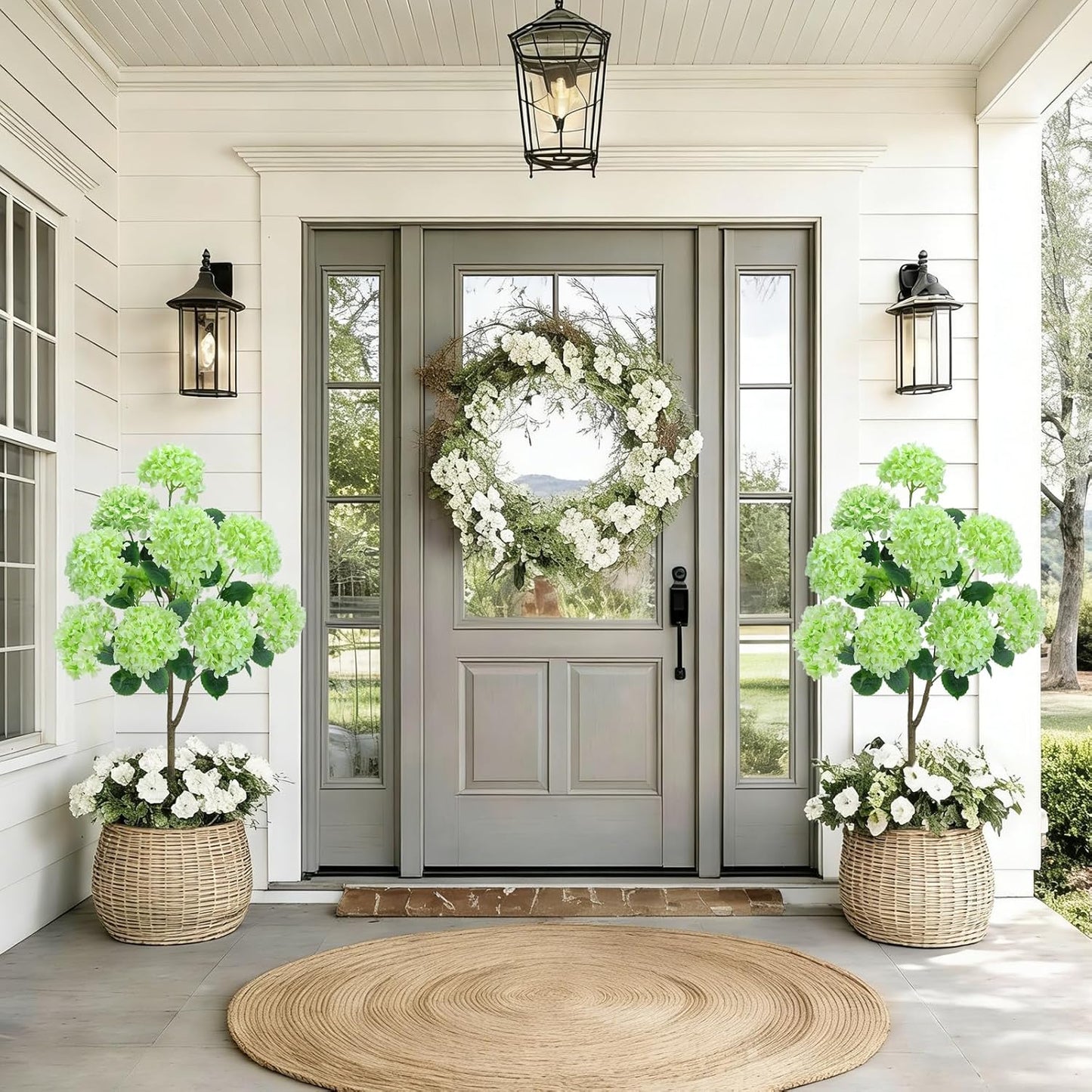 GTIDEA Faux Hydrangea Tree, 47.2 Inch Hydrangea Tree Artificial with Green Flowers, UV Resistant Outdoor Hydrangea Artificial Plants in White Pot for Indoor Outdoor Home Porch Decor (2 Pack)