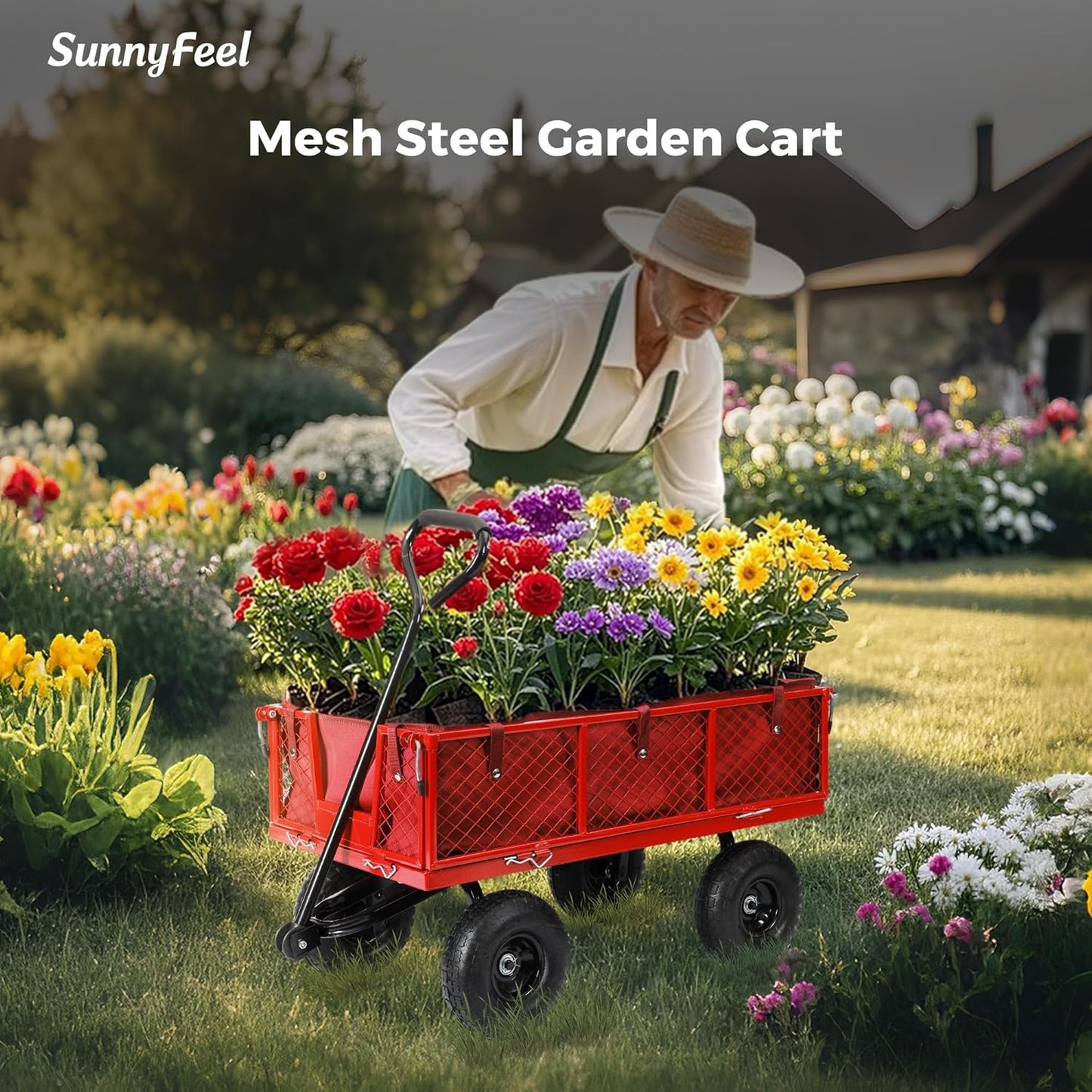 SUNNYFEEL 500 Lbs Capacity Heavy Duty Mesh Steel Garden Cart,Folding U