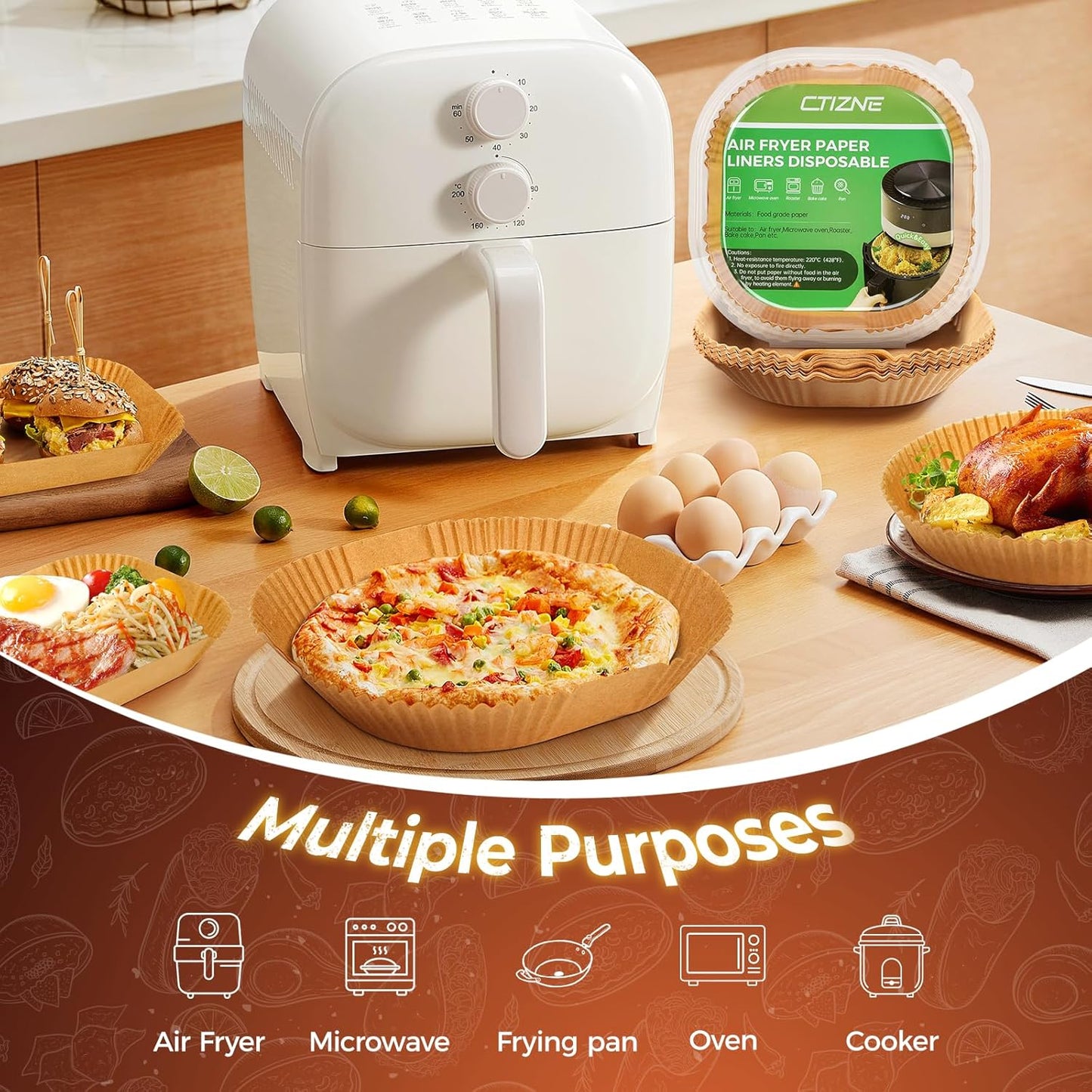Air Fryer Liners Disposable, 100 PCS Non-Stick Air Fryer Paper Liners, Waterproof and Oilproof for Easy Cleanup, 8" Square Unbleached Parchment Paper for 5-8 QT Air Fryer, Baking, Microwave, Oven
