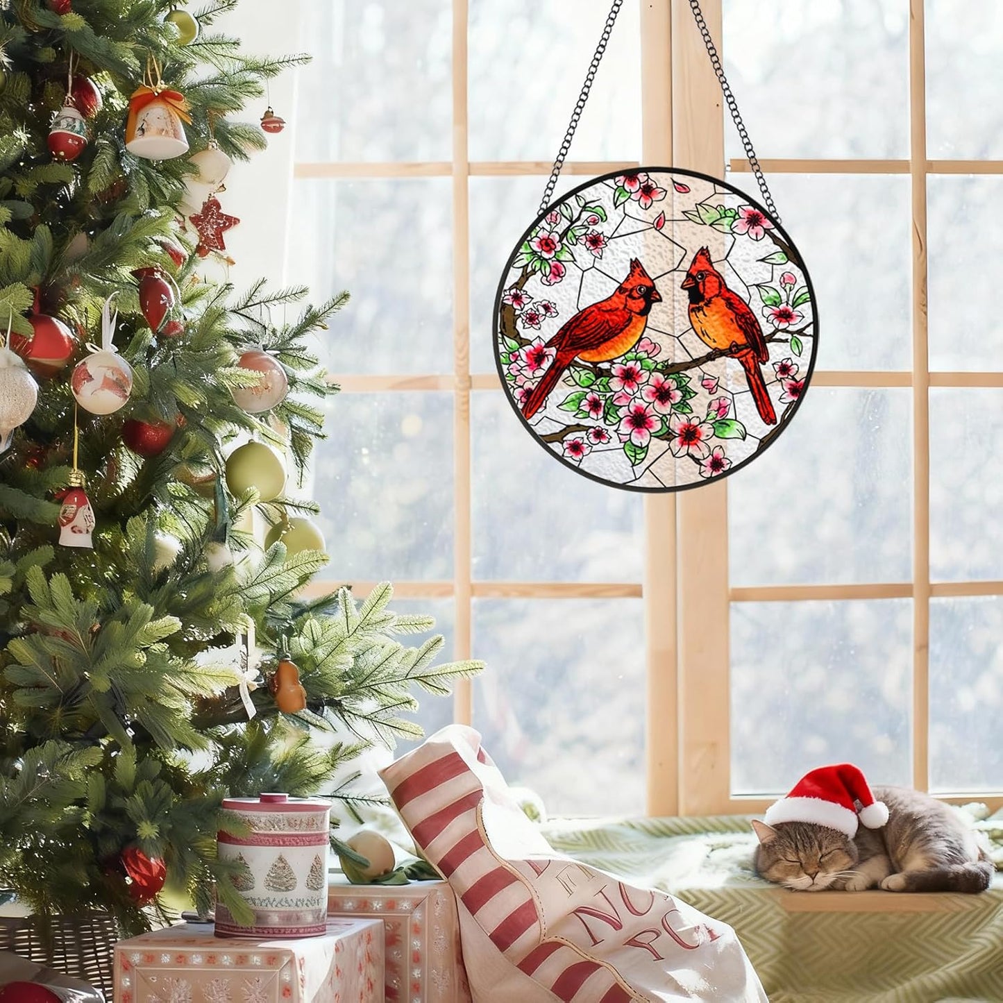 Stained Glass Window Hanging, Cardinal Sun Catchers Colorful Glass Panel Bird Suncatcher Indoor Window Wall Art Home Decor Gift for Birthday Christmas, for Women,Men,Wife, Lovers, and Mom 6.3 in