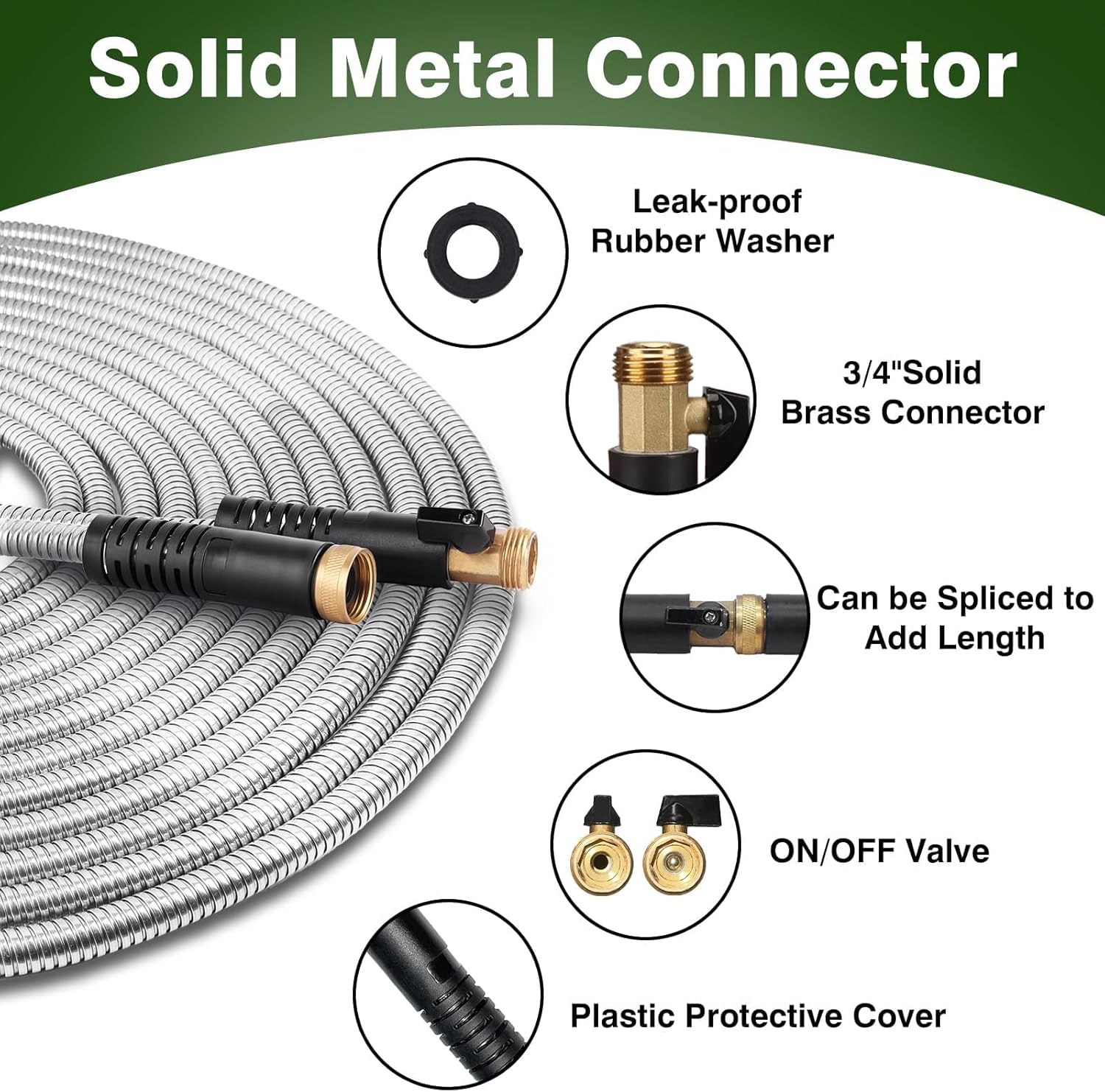 75FT Metal Garden Hose 304 Stainless Steel Flexible Water Hose - No Ki