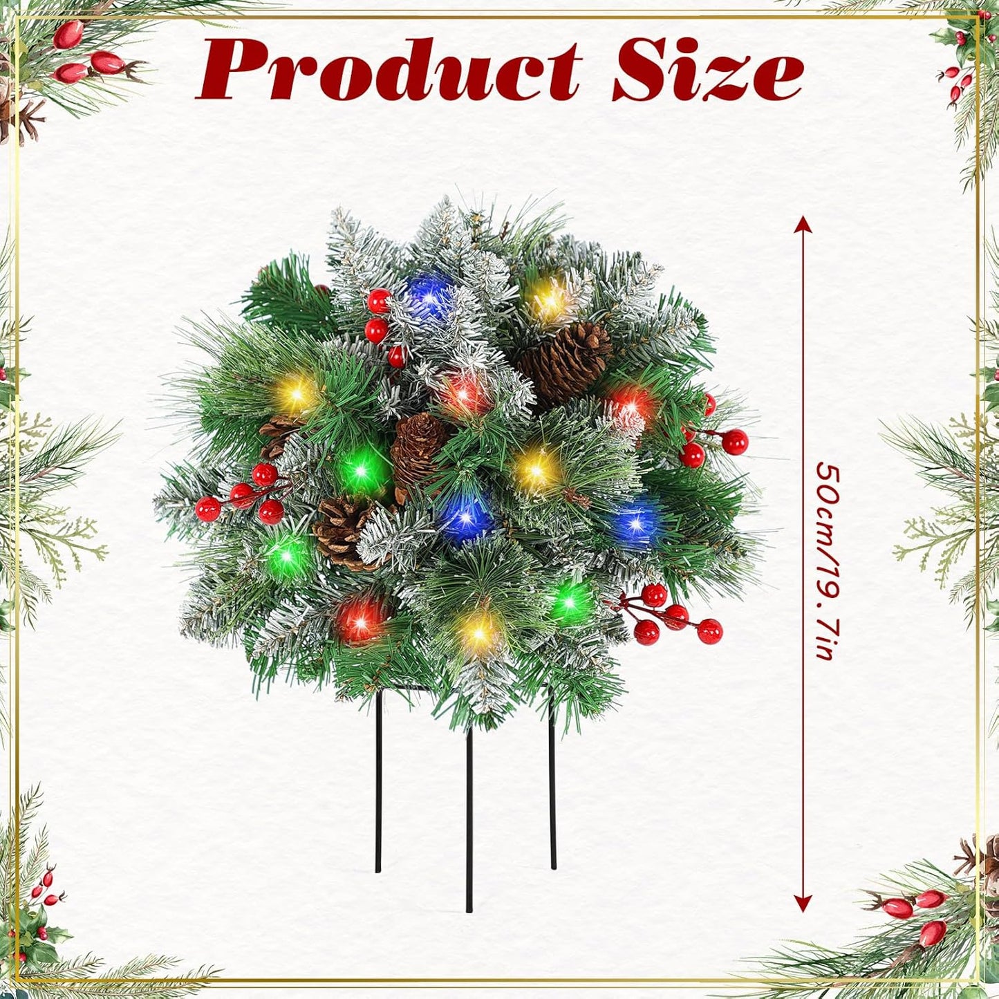 Lighted Artificial Christmas Urn Filler, 2 Pack Small Xmas Pine Tree Outdoor Decorations with Cones, Red Berries & 50 LED Lights, Light Up Planter Filler Decor for Porch Yard, Garden, Cemetery