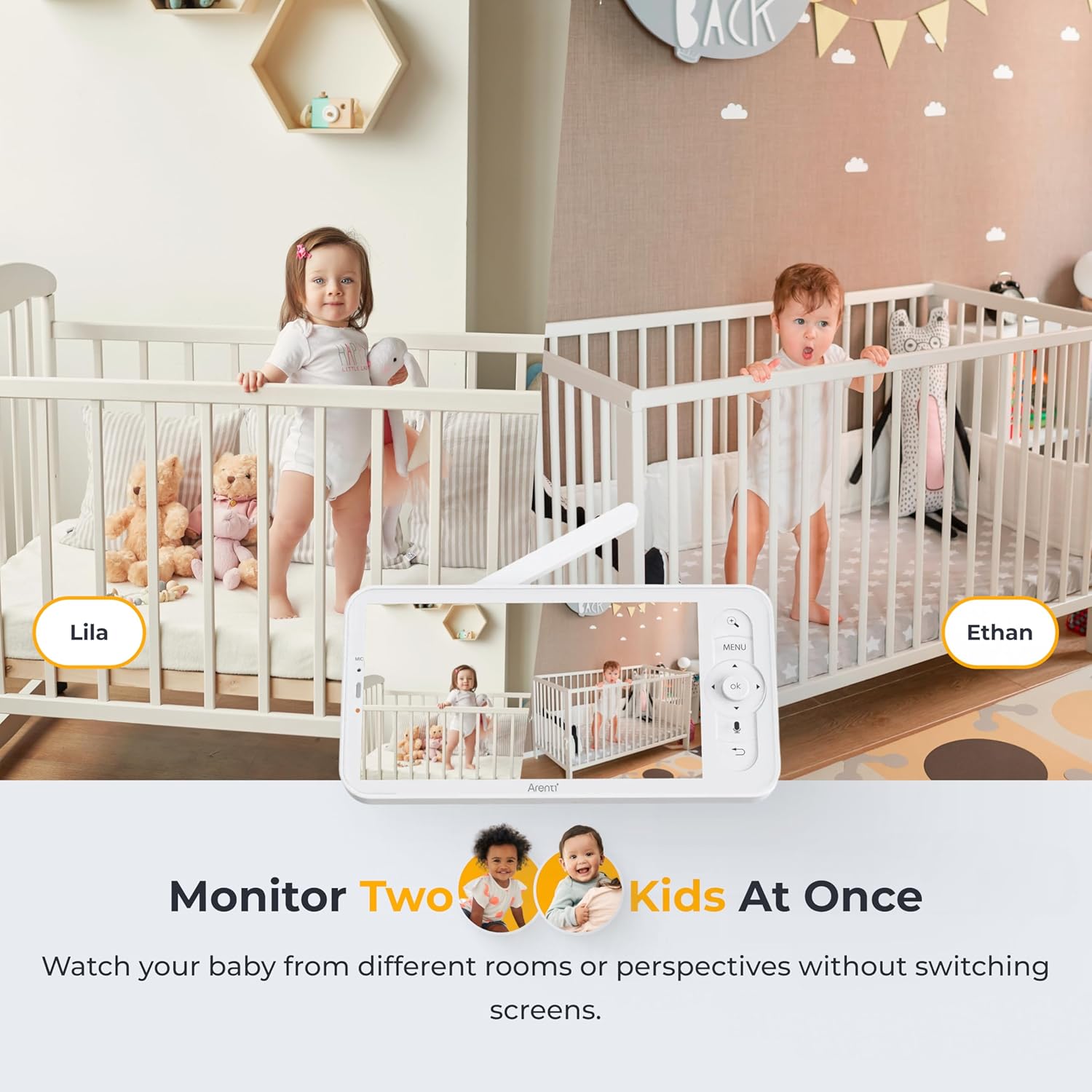 ARENTI 4MP Baby Monitor with 2 Cameras, 5" Screen Video Baby Monitor, 