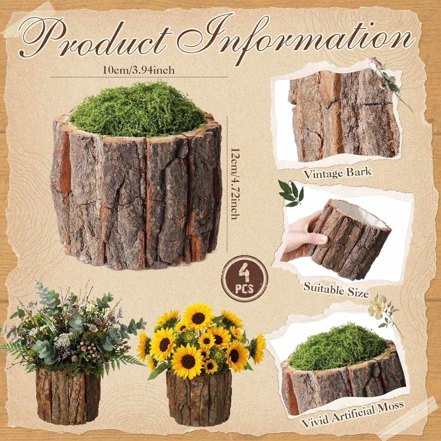 4 Set Wooden Vase for Centerpieces Wedding Flower Table Centerpieces Decor Rustic Bark Stump Bucket Farmhouse Wood Planter Pot for Woodland Party Window Home (Fake Green Moss,Large)