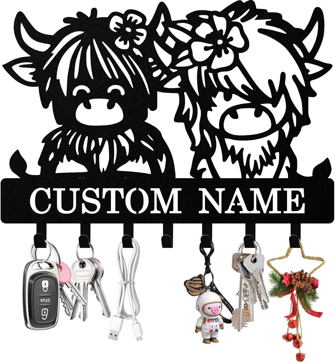 Personalized Highland Cow Key Holder Wall Mount, Custom Metal Keys Rac