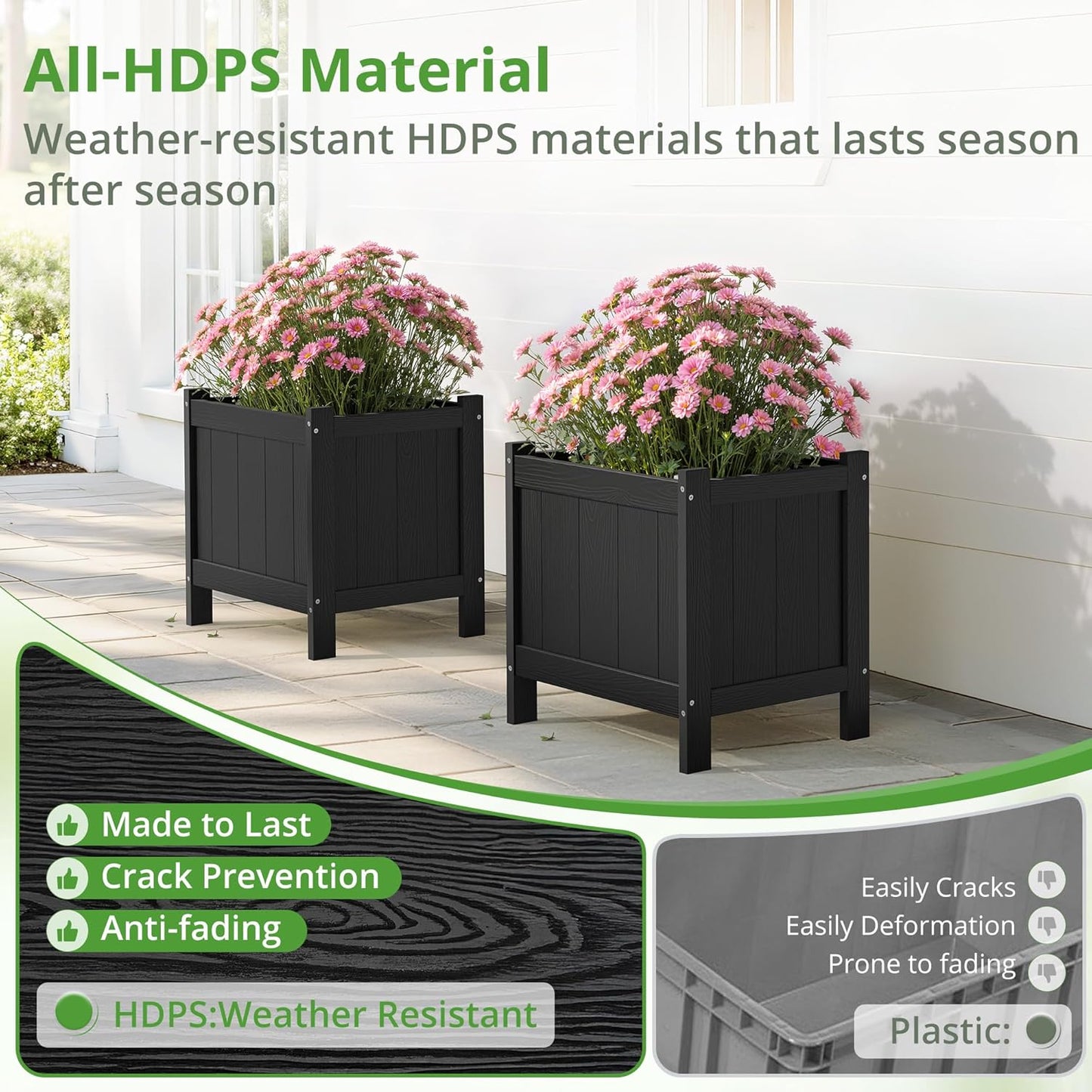 LUE BONA Outdoor Plant Pots, 13.7" x 12.5" x 14.5" HDPS Flower Pots wi