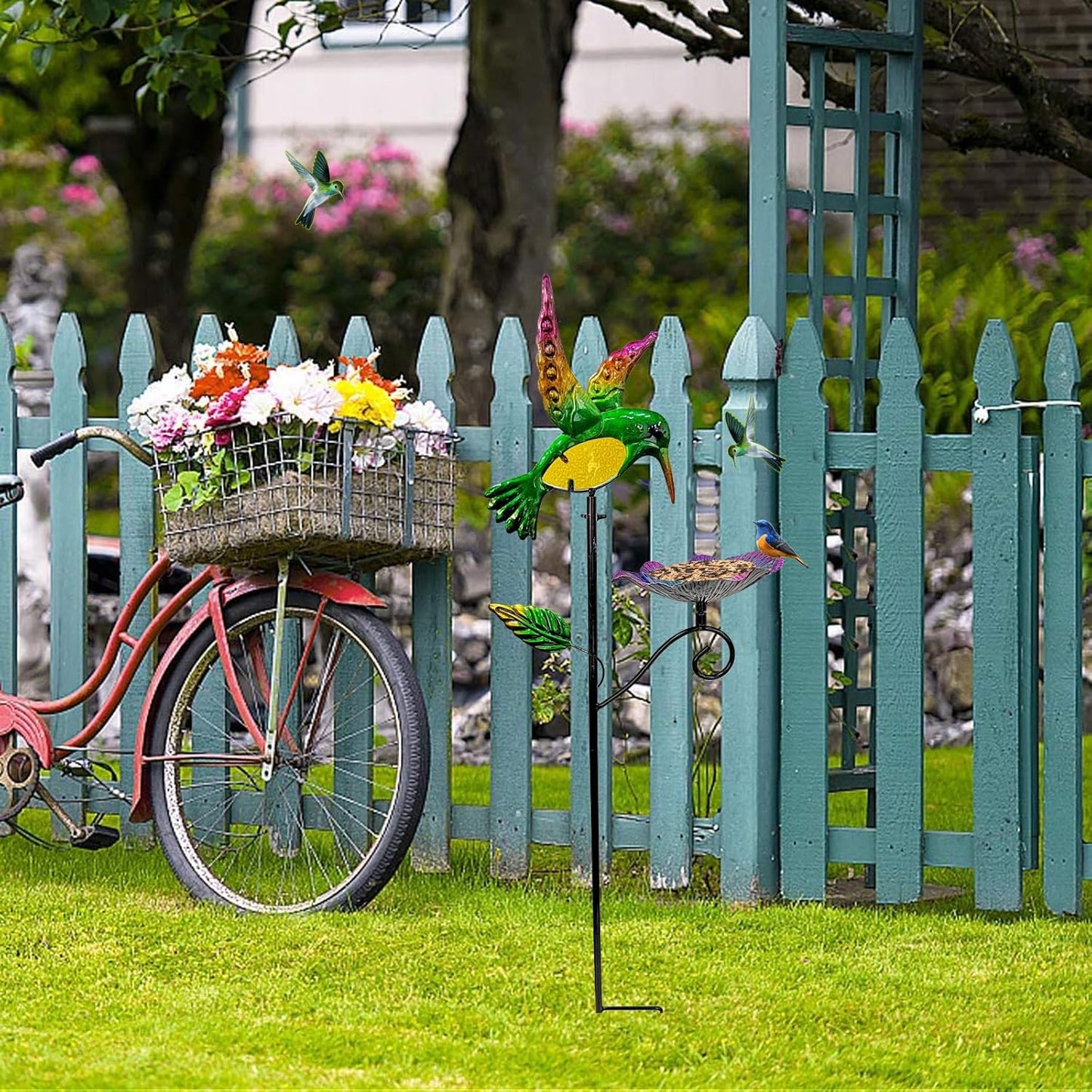 Outdoor Metal Bird Feeding Stake, Hummingbird Bath And Bird Feeding Platform for Garden Yard Backyard Decoration, Featuring a Bright Colorful Tray to Attract Wild Birds (Hummingbird feeder stake)