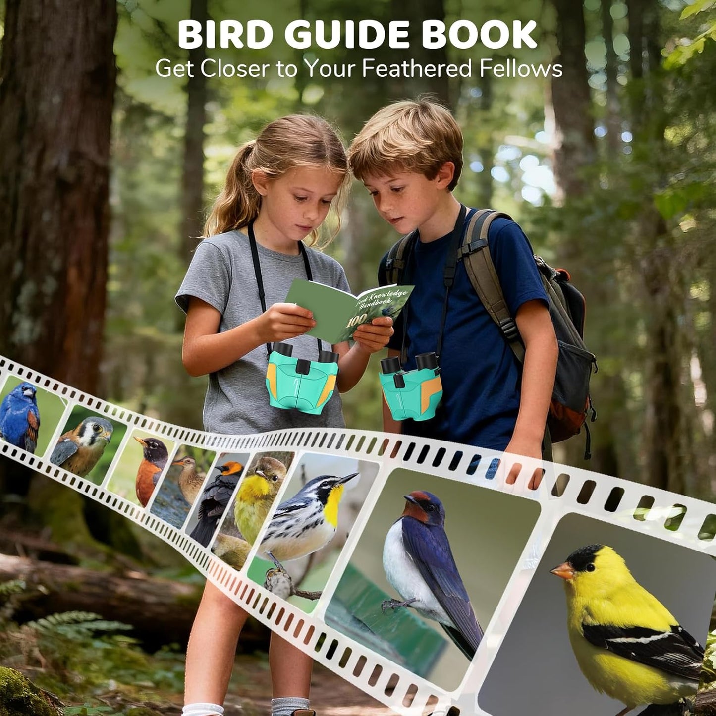 Aurosports 15x25 Compact Binoculars for Kids - Small Binoculars Lightweight with Carrying Case Birding Guide for Bird Watching Hiking Camping Travel Gift for 8-12 Years Boys Girls (Green)