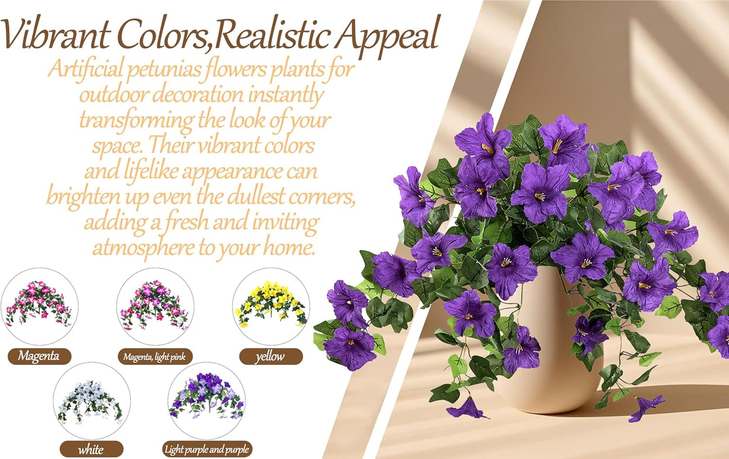 2Pcs Artificial Hanging Flowers for Outdoors, Fake Outdoor Flowers Faux Petunias Silk Flowers for Outdoor planters UV Resistant for Home Garden Balcony Yard Porch Patio Decor (Purple-White)