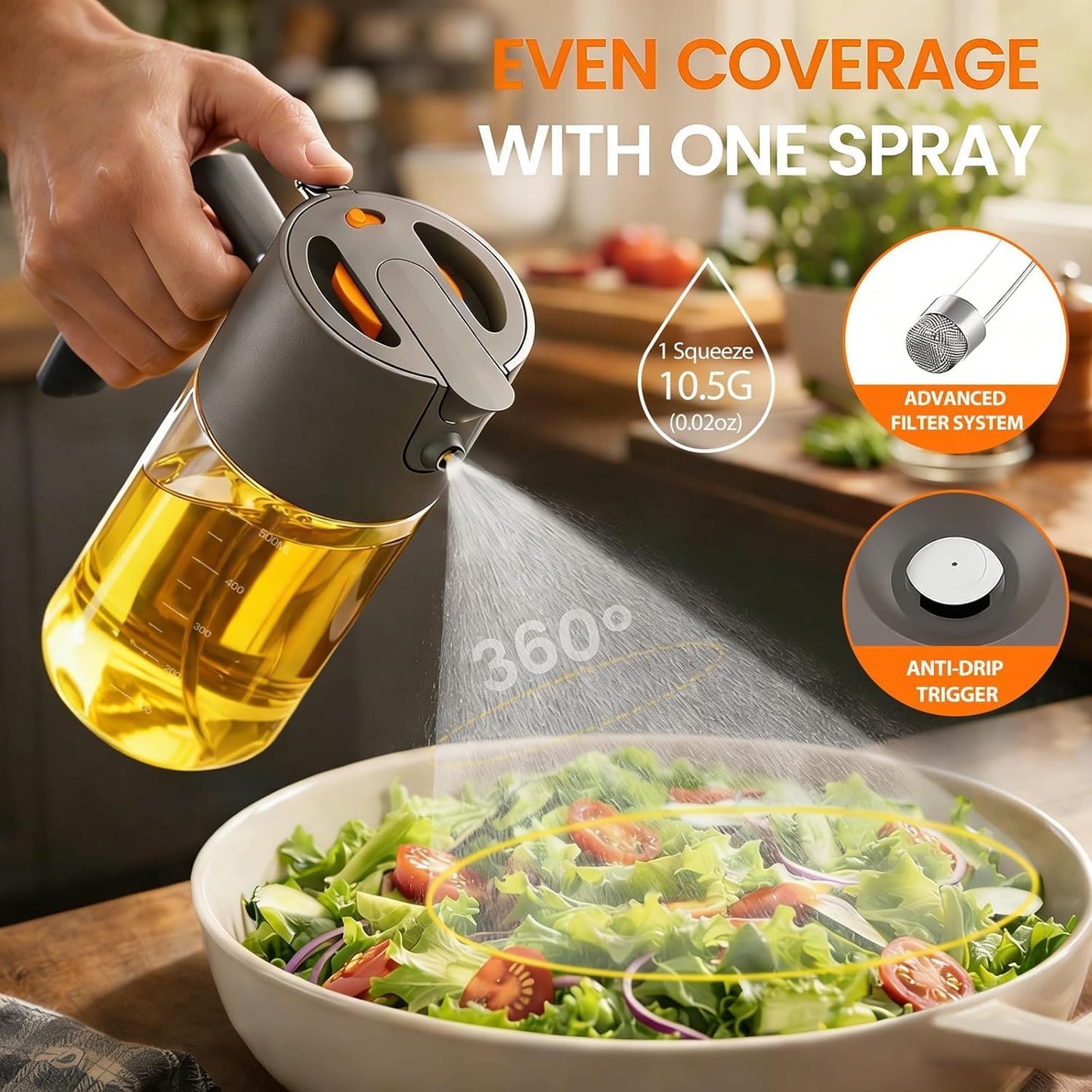 Professional 500ml Glass Oil Sprayer - 3-in-1 Kitchen Tool: Fine Mist, Stream & Pour | Leak-Proof Design for Air Fryer, BBQ & Cooking | BPA-Free