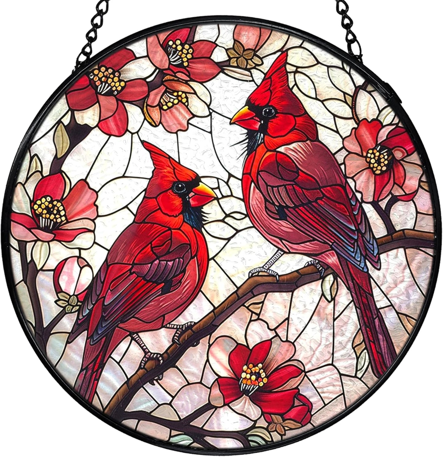 Cardinal Bird Stained Glass Window Hanging, Red Cardinal Flower Sun Catchers Indoor Window Round Glass Wall Art Decor, Bird Suncatcher Wall Hanging Decorations, Gardening & Lawn Care