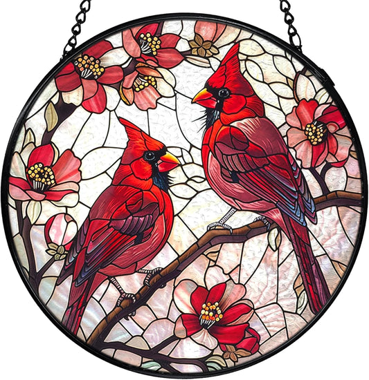 Cardinal Bird Stained Glass Window Hanging, Red Cardinal Flower Sun Catchers Indoor Window Round Glass Wall Art Decor, Bird Suncatcher Wall Hanging Decorations, Gardening & Lawn Care